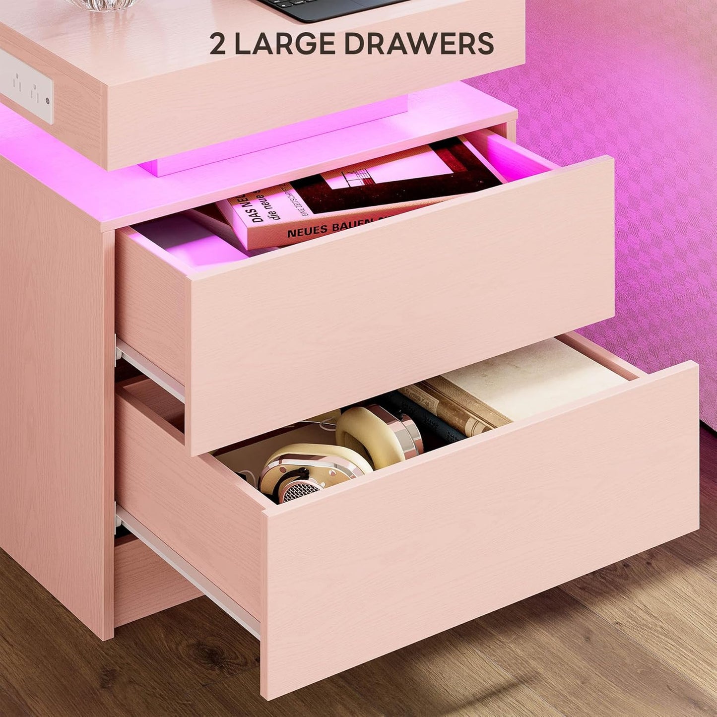 LIKIMIO Night Stand with Charging Station, Modern Pink Nightstand with LED Light and Drawers, Bedside Tables/End Table for Bedroom