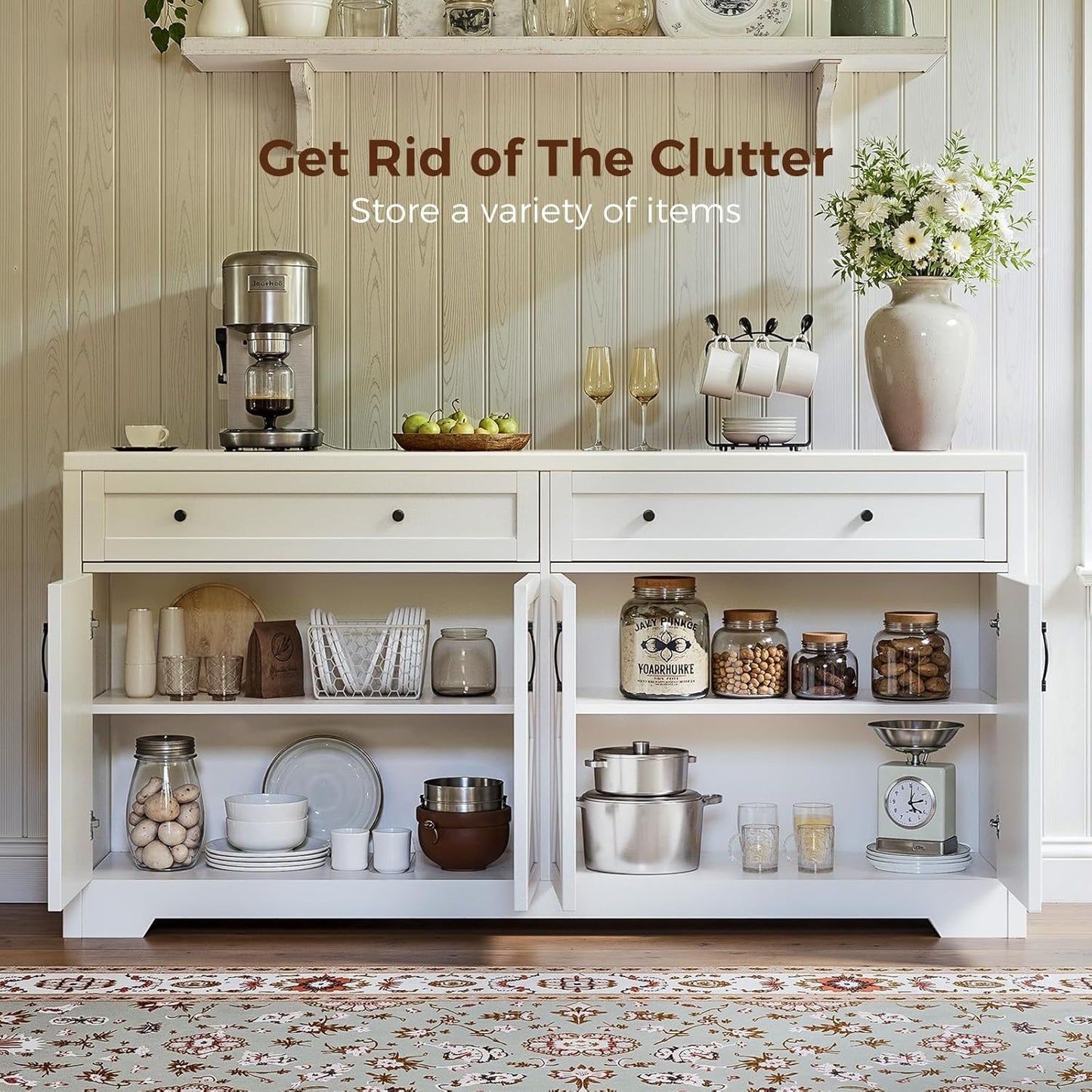 61'' Farmhouse Sideboard Buffet Cabinet with Storage, Large Kitchen Storage Cabinet with Barn Doors Drawers, White Coffee Bar Table for Dining Room Kitchen