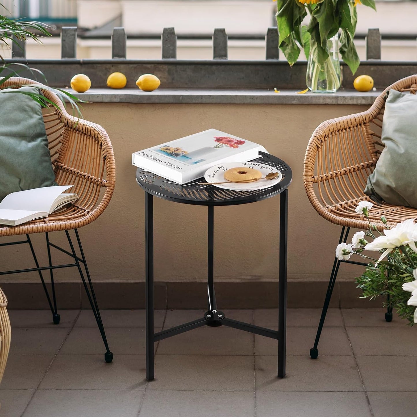 1 Packs 13" Metal Outdoor Side Tables Small Black Outside End Table for Patio Round Accent Corner Stand for Small Spaces Weather-Resistant Coffee Table for Balcony Porch Plant Stand, Tropical Leaves