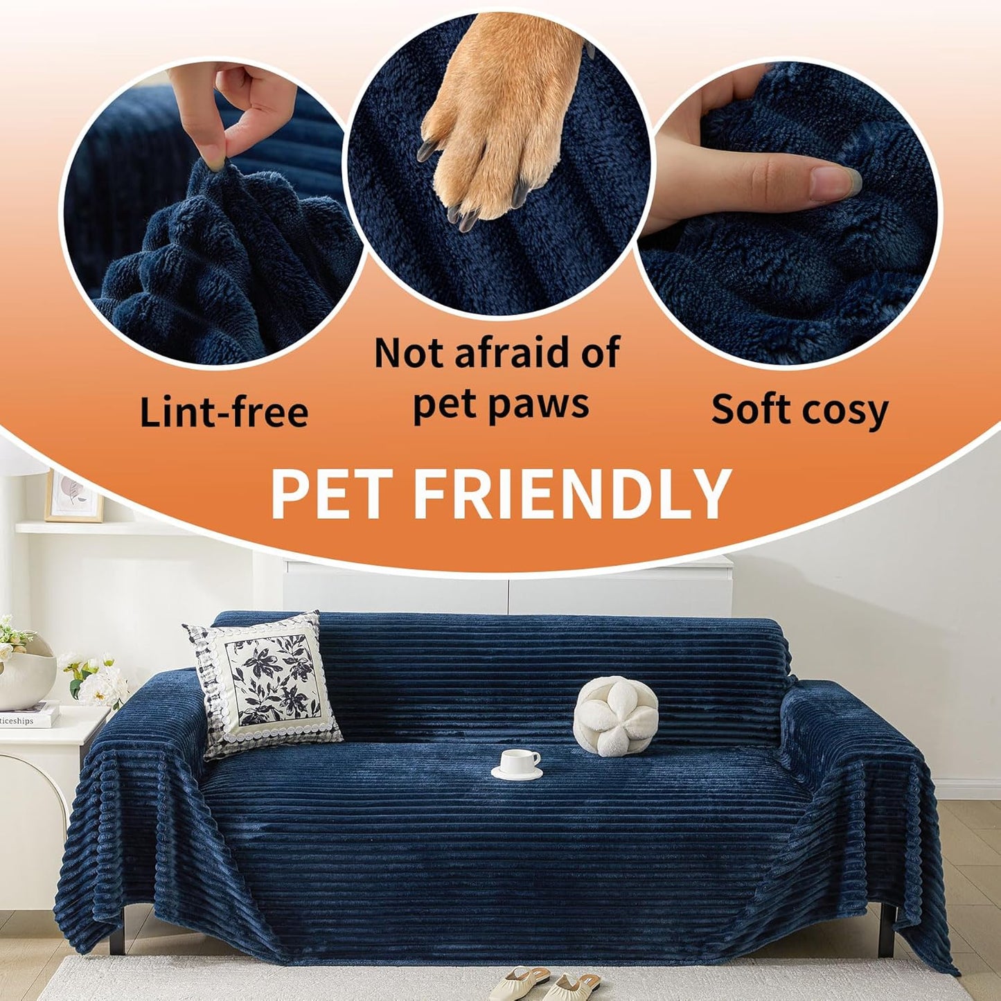 HAOMAIJIA Faux Fur Sofa Covers Couch Covers for 2 Cushion Couch Sofa Pet Friendly Soft Non Slip Couch Cover for Dogs Washable Sectional Couch Covers L Shape Furniture Protector (Navy Blue, 91"x118")