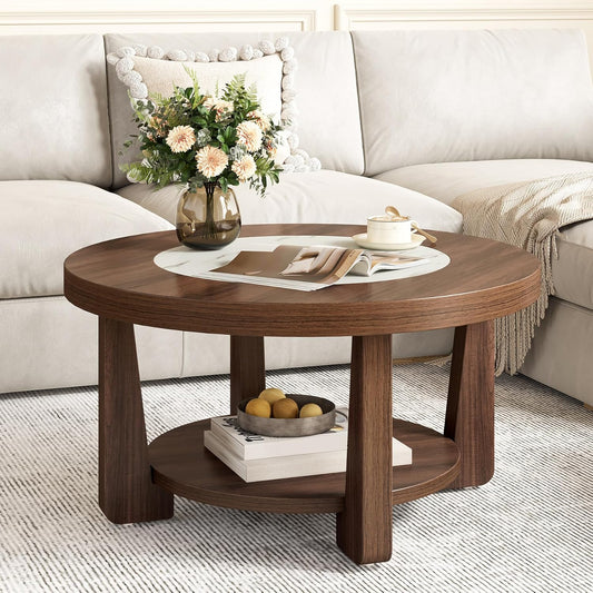 LITTLE TREE Modern Round Coffee Table, 2-Tier Wood Coffee Table with Storage, Marble-Like Tabletop for Living Room, Simple & Modern Center Table for Small Space, Brown