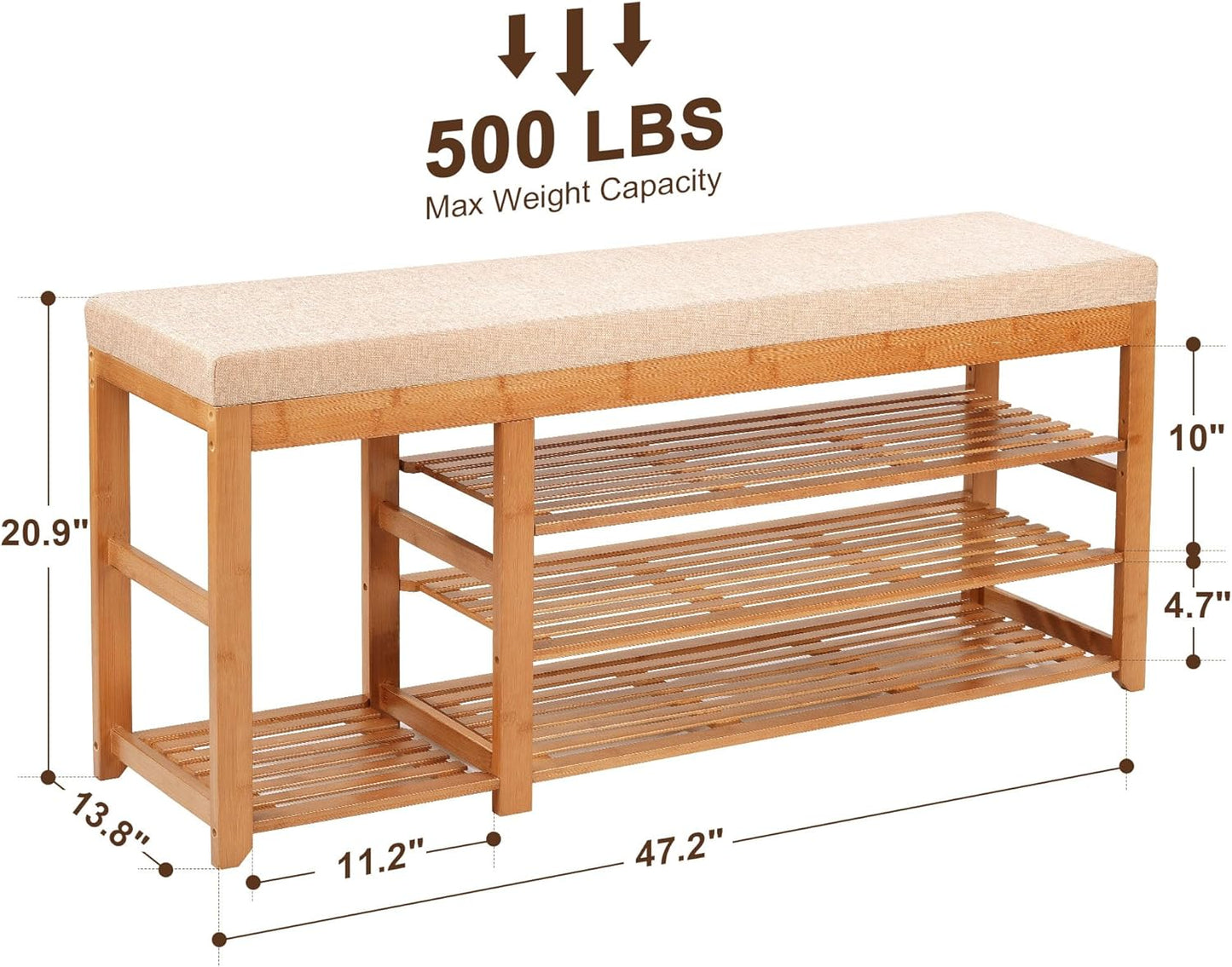 47.2 in Shoe Rack Bench with Cushion, 3 Tier Bamboo Entryway Bench with Storage for Entryway, Hallway, Bedroom, Living Room