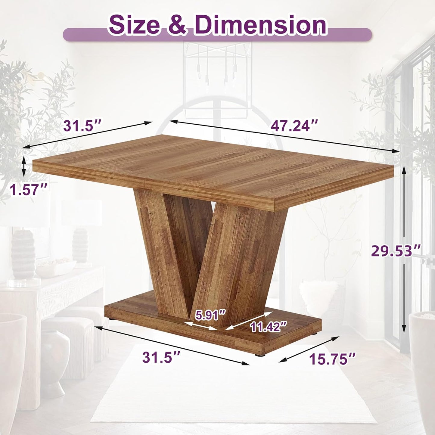 47" Dining Table, Wooden Kitchen Dinner Table Heavy Duty, Farmhouse Table for Dining Room, Living Room Space Saving, Brown