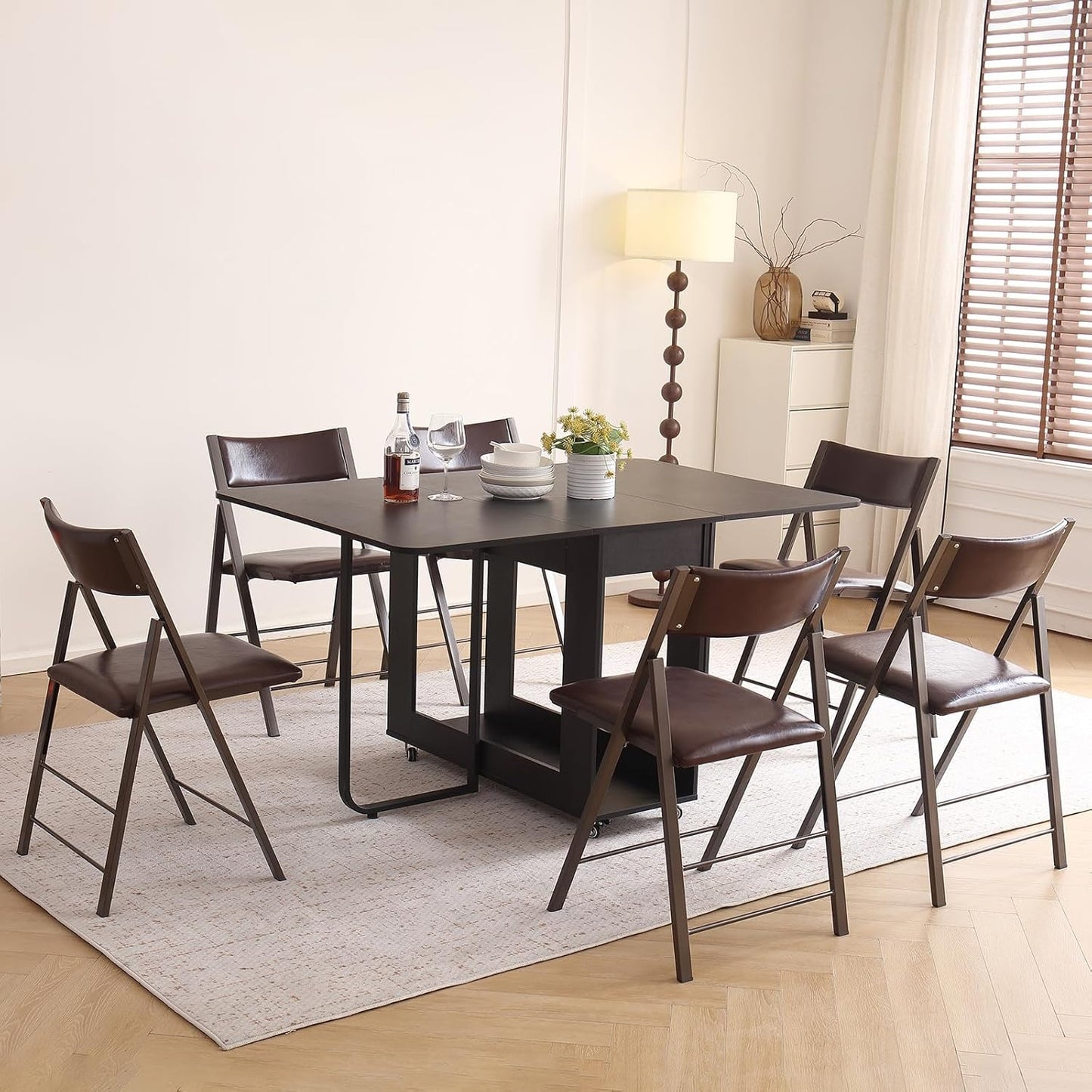 Folding table and chair set, dining table with extra large storage space and 4 universal wheels, matched with padded steel frame folding chairs, space-saving dining table and 2 chairs (Brown)