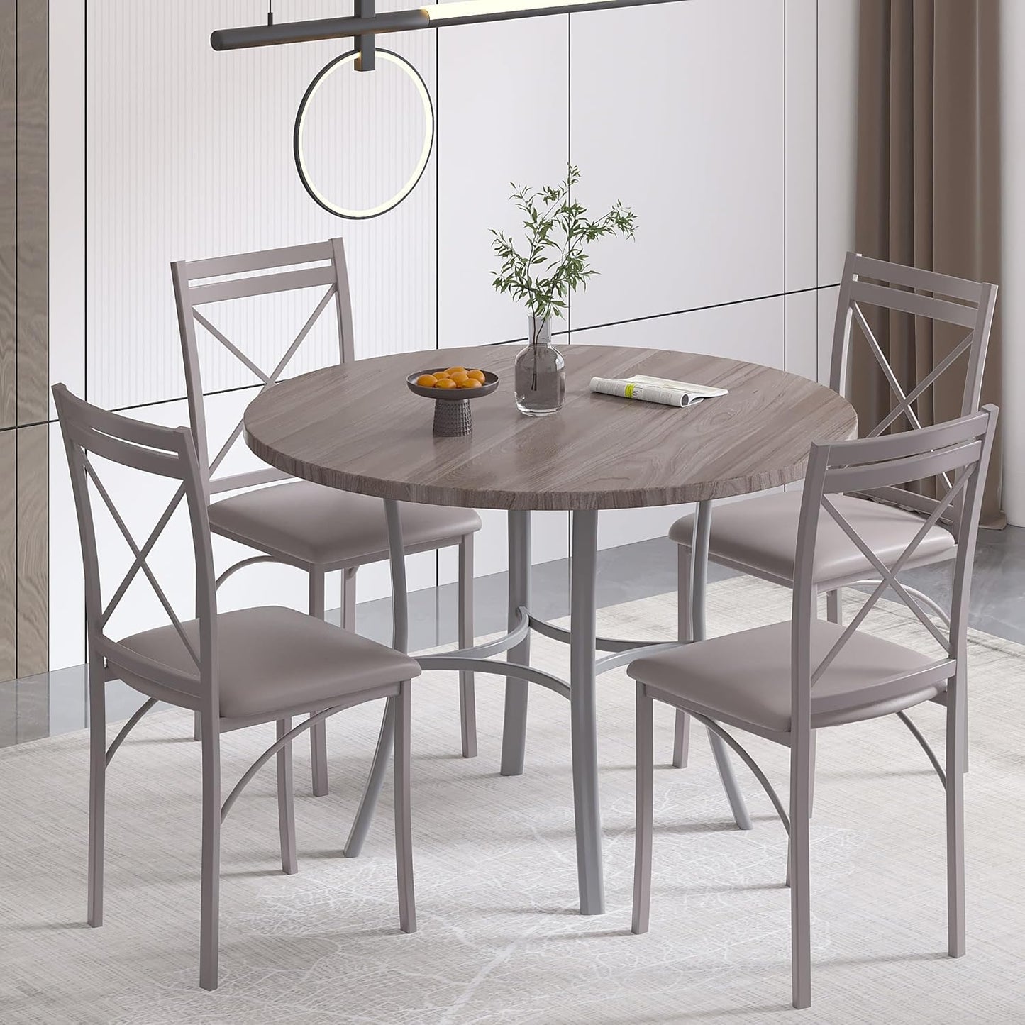 VECELO 36" Round Dining Table for 4, Wood Grain Dinette with Metal Frame for Kitchen, Apartment, Home, Space-Saving, Elegant Grey