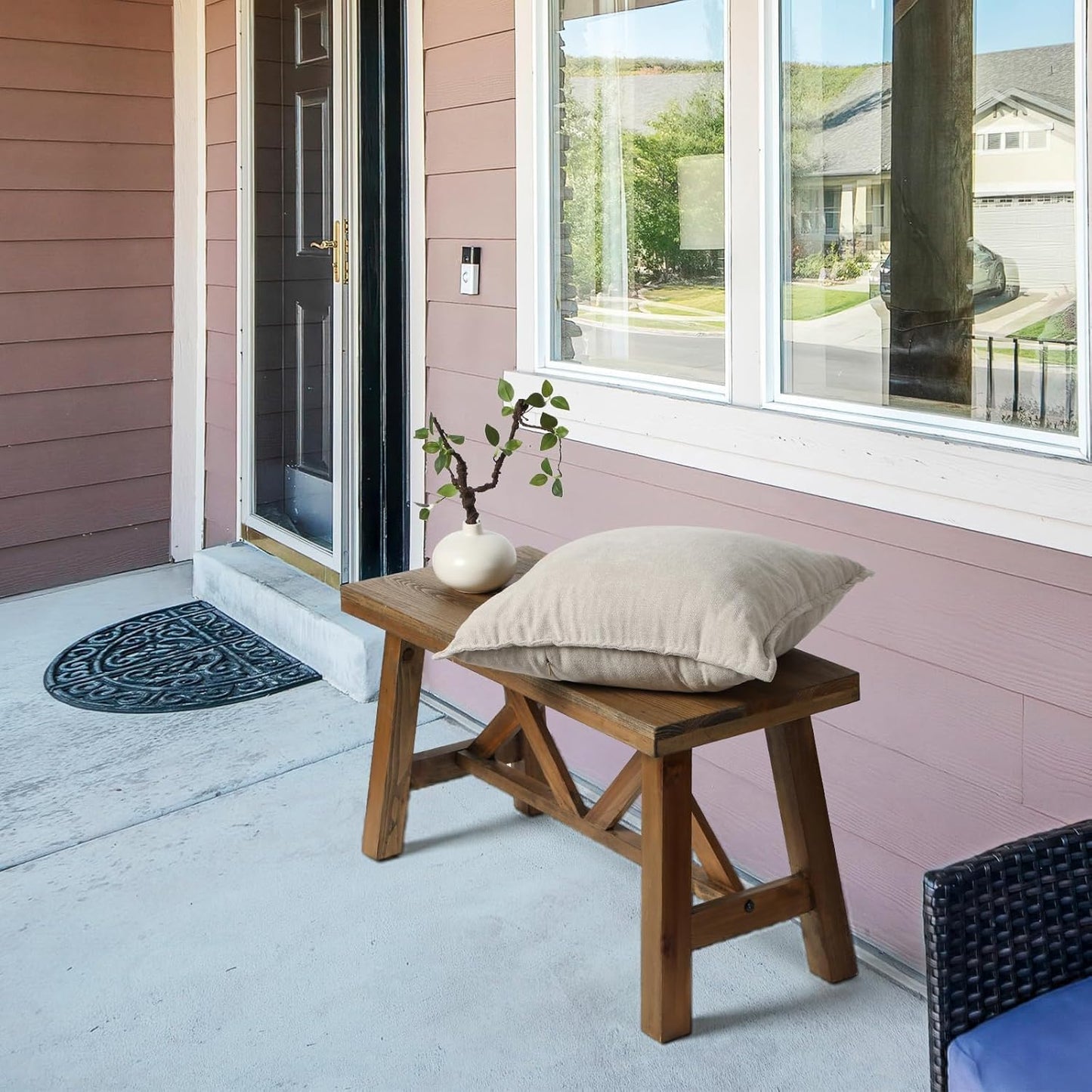 Wnutrees 30" Farmhouse Wood Bench, Rustic Solid Wood Entryway Bench Seat with Double X-Structure for Dining Room, Living Room, Hallway, Structural Stability, Natural