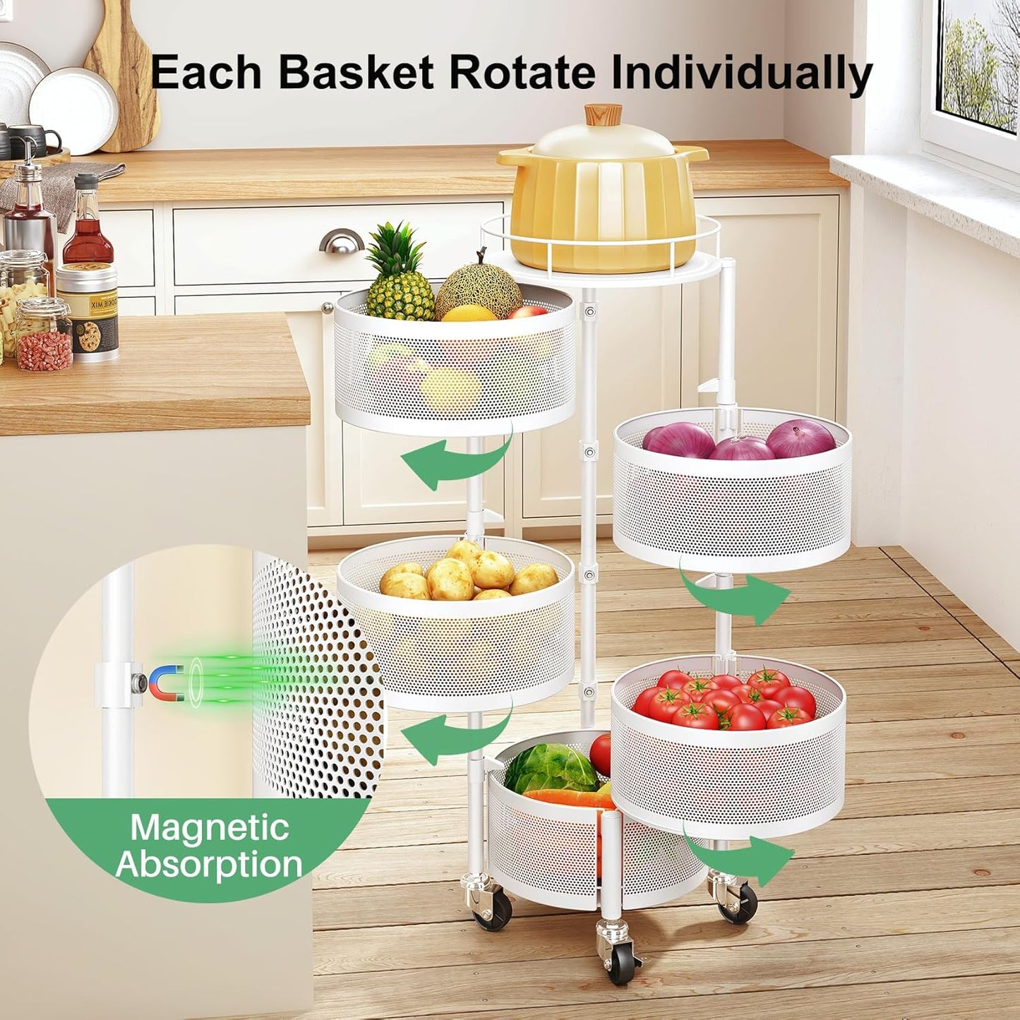 SAYZH Fruit Vegetable Basket for Kitchen, Rotating Storage Rack, 5 Tier Rolling Cart with top lid, Large Metal Wire Wheels (White)