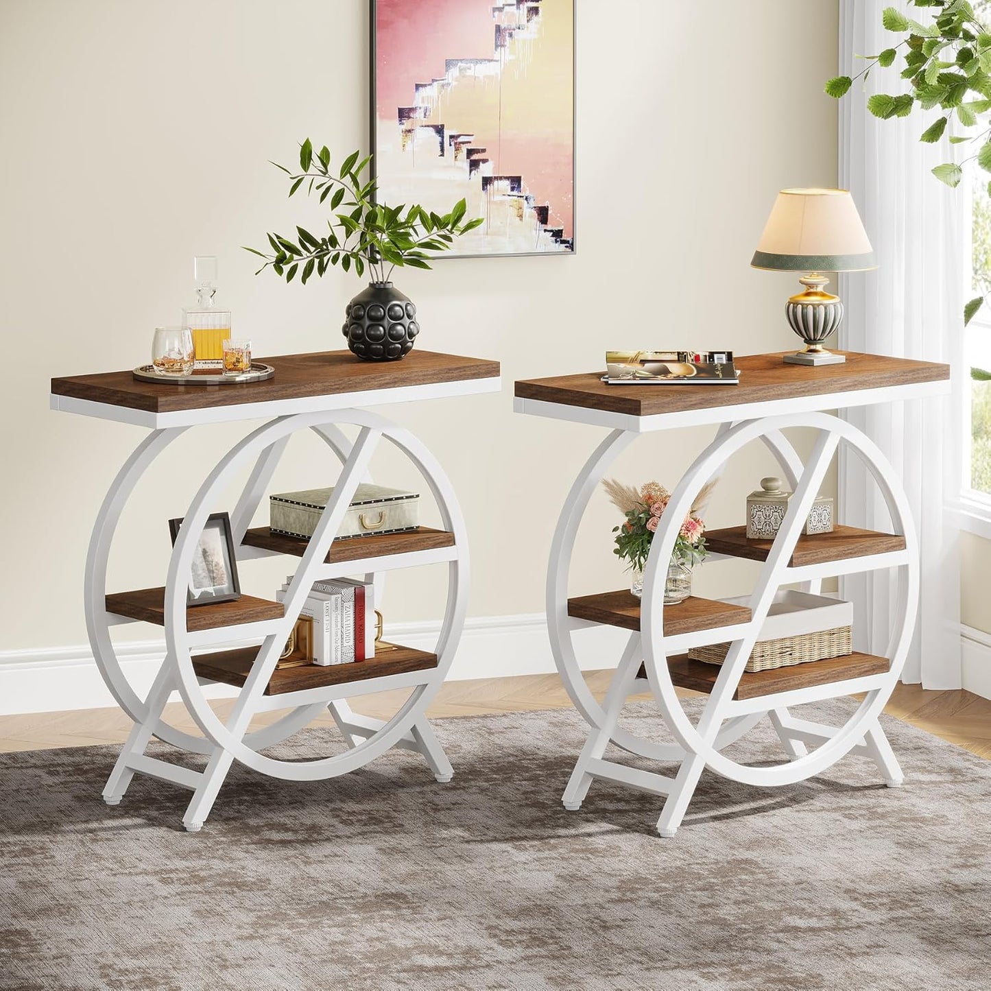 Tribesigns End Table Set of 2, 3-Tier Modern Narrow Side Table with Storage, Wood Sofa Side Table with Geometric Metal Frame, Nightstand and Bedside Table for Bedroom (Light Brown+White)