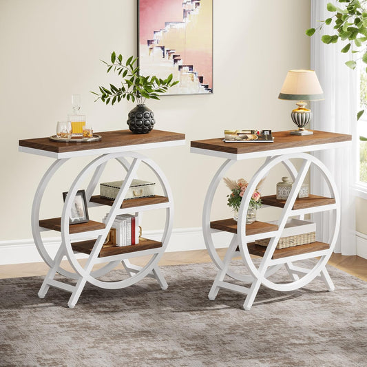 Tribesigns End Table Set of 2, 3-Tier Modern Narrow Side Table with Storage, Wood Sofa Side Table with Geometric Metal Frame, Nightstand and Bedside Table for Bedroom (Light Brown+White)