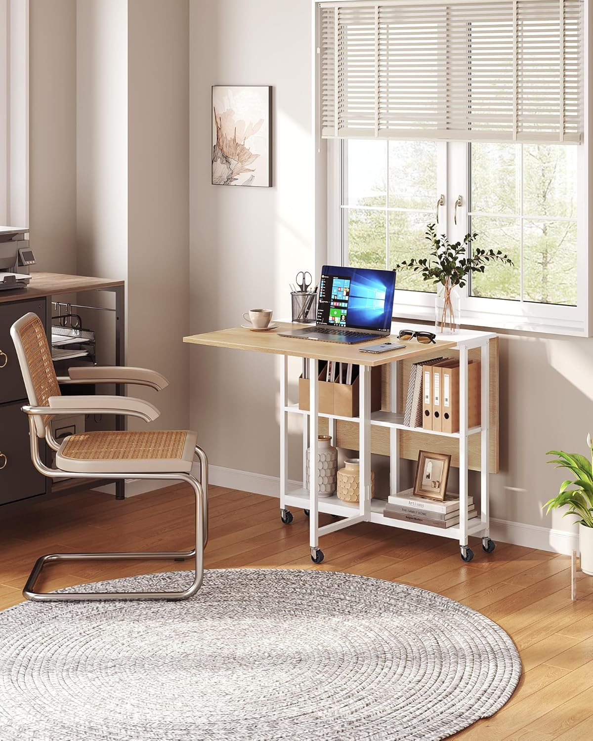 Folding Dining Table, Movable Dining Table, Kitchen Table for Small Space, Foldable and Expandable Desk Furniture with 6 Wheels, for Dining, Living Room, Apartment, White and Natural TCZ01WN