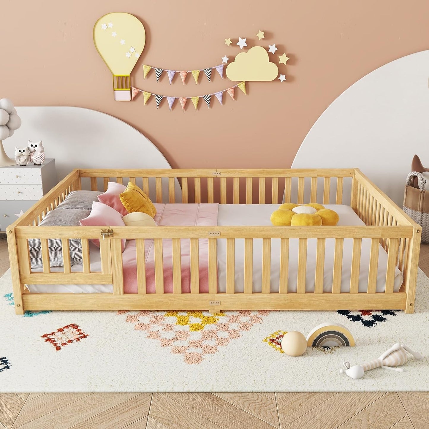 Queen Size Floor Bed Frame with Slats and Safety Guardrail, Wood Queen Size Montessori Floor Bed with Door and Fence, Easy Assemble Montessori Beds for Kids, Girls, Boys, Natural