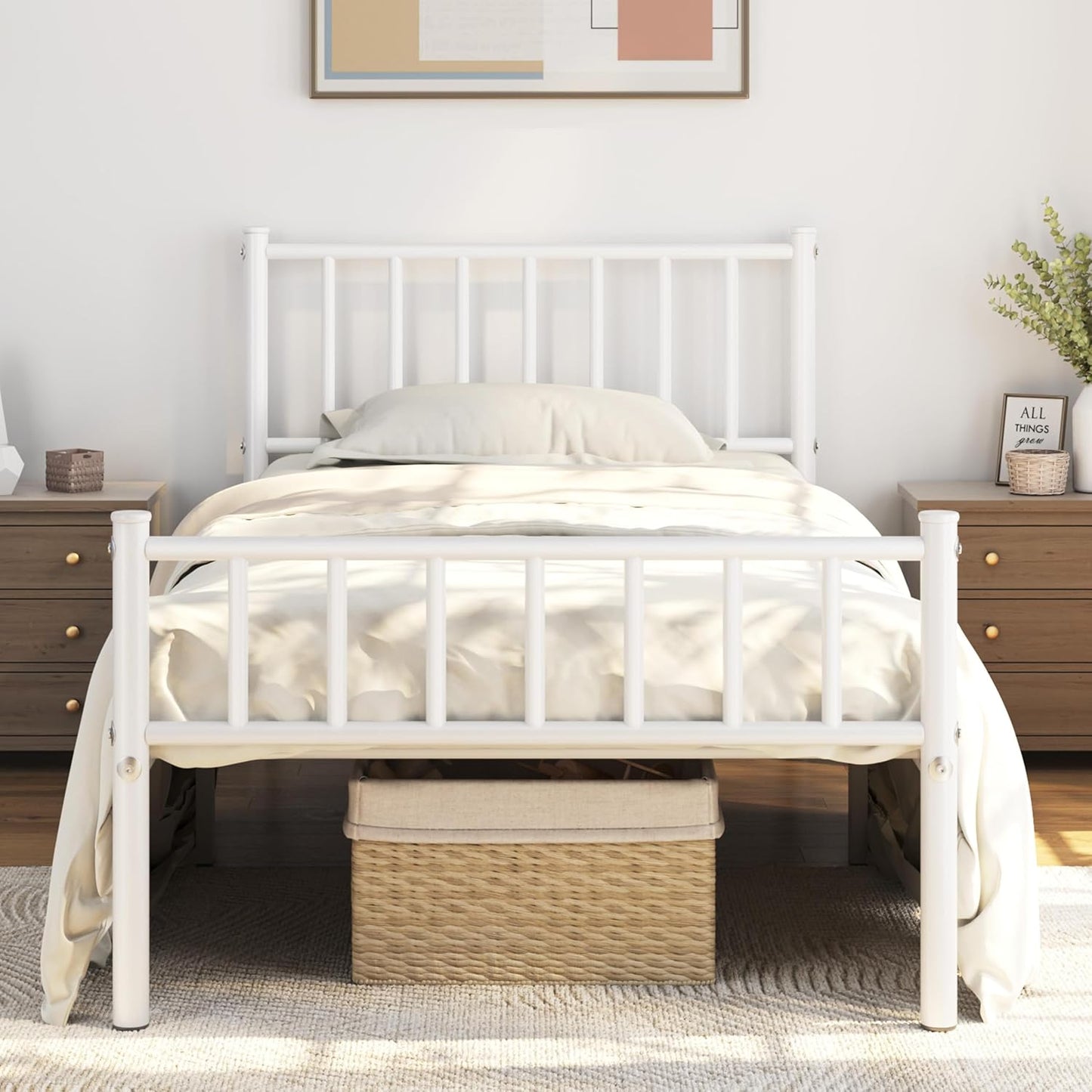 Yaheetech Twin Size Bed Frame Metal Platform Mattress Foundation with Spindle Headboard & Footboard/No Box Spring Needed/14 Inch Underbed Storage/Firm Support Easy Set up Structure, White