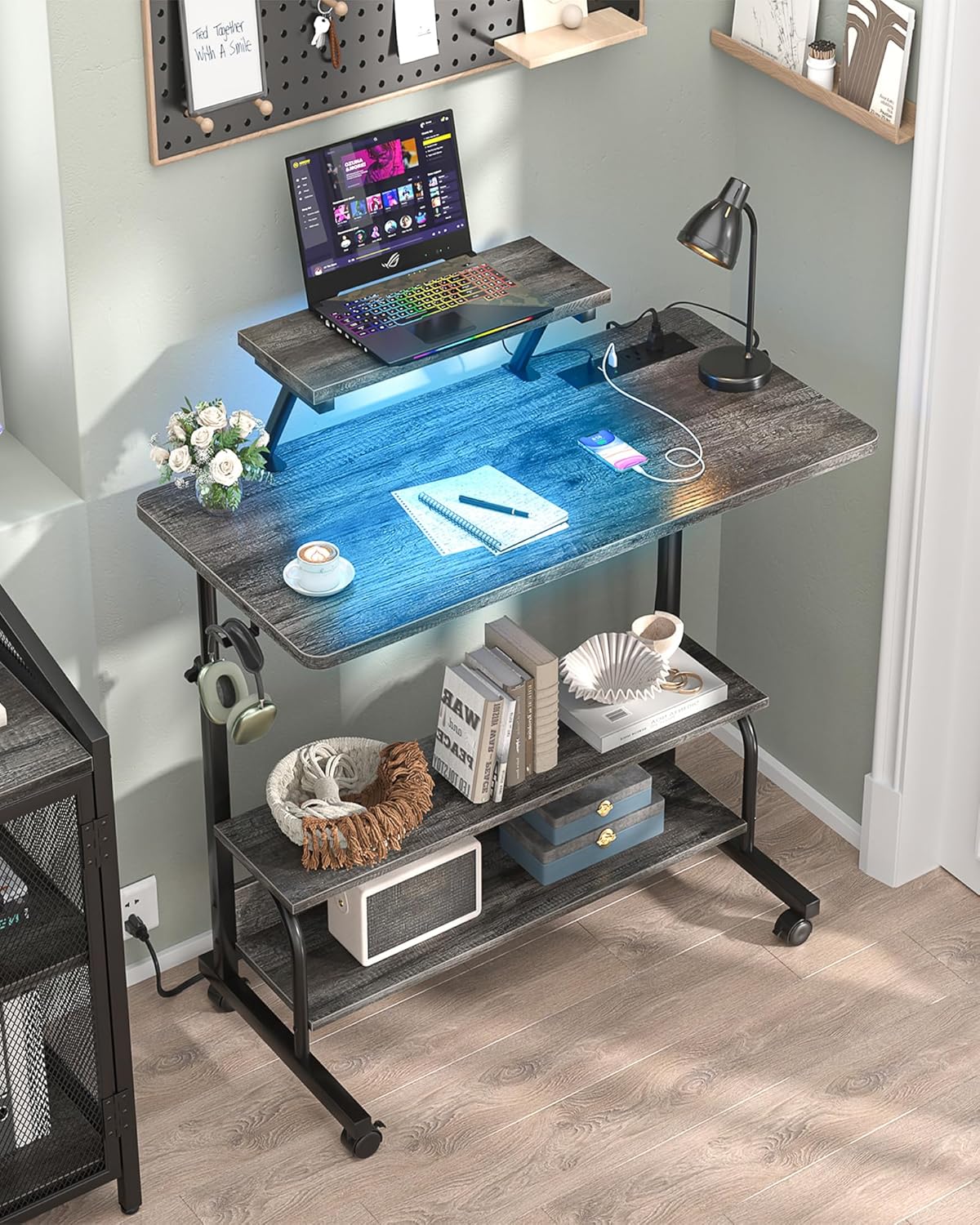 Height Adjustable Standing Desk with Power Outlets and LED Lights - 32" Manual Stand Up Desk with Monitor Stand and Storage Shelves Small Mobile Rolling Computer Desk Portable Laptop Table, Grey Oak