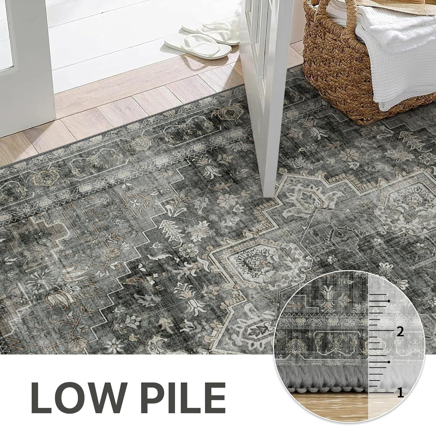 GENIMO 2x5 Runner Rugs for Hallway, Machine Washable Non Slip Vintage Rugs, Low Pile Lightweight Soft Print Rug for enrtyway, Corridor, Home Office, Kitchen, Charcoal Gray
