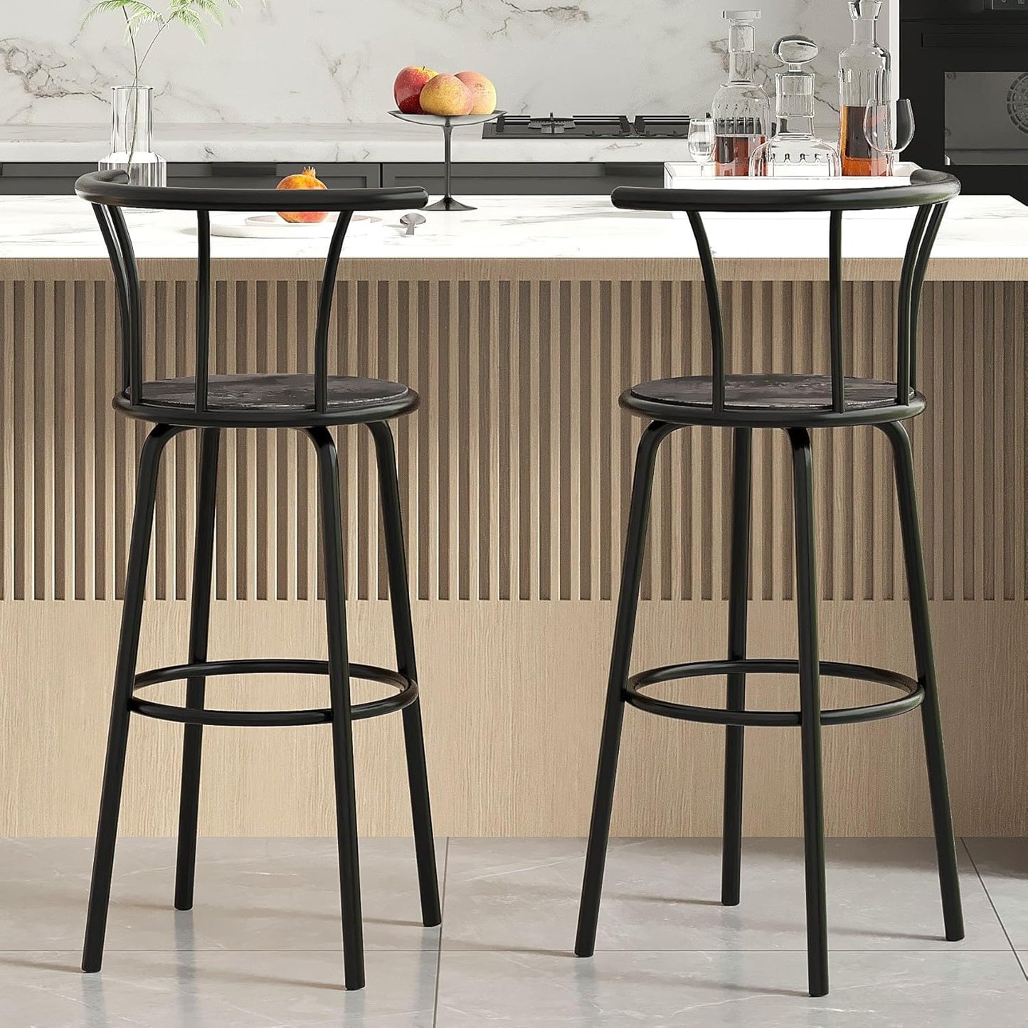 VECELO Bar Stools Set of 2, Swivel Counter Barstools with Backrest, Bar Height Chairs for Dining Room, Kitchen Island, Pub, Easy Assembly, Retro Grey