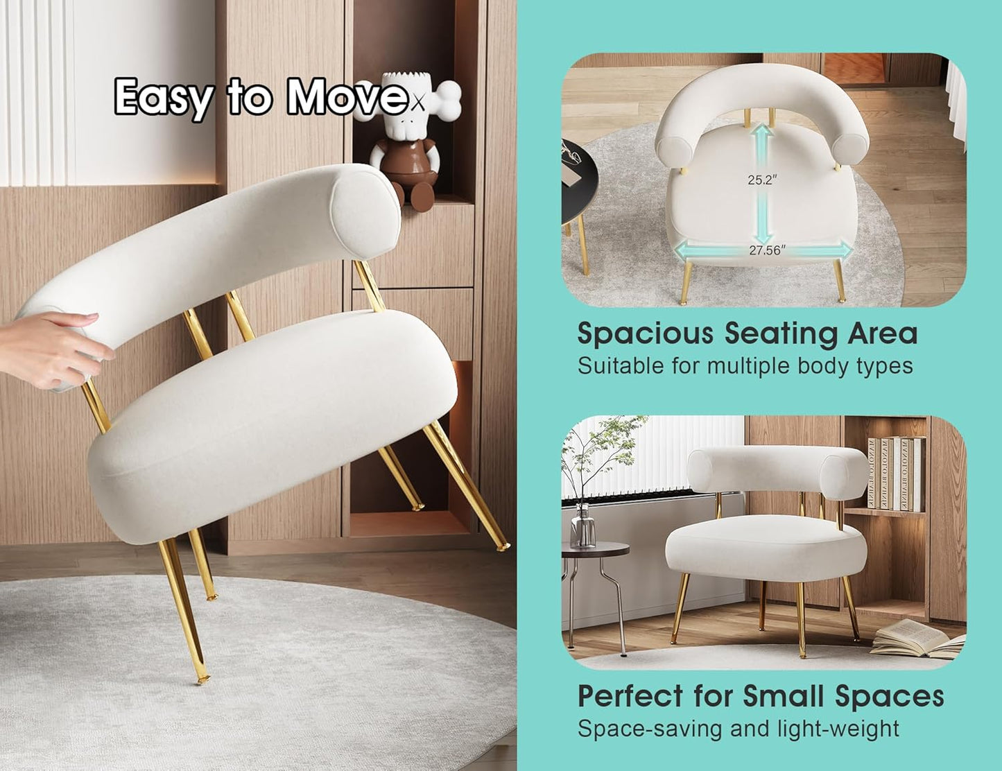 Modern Velvet Accent Chair, Round Upholstered Barrel Armchair for Small Spaces, Fluffy Side Corner Sofa Chair for Living Room, Bedroom, Vanity, Office, Reading Nook(Cream White)