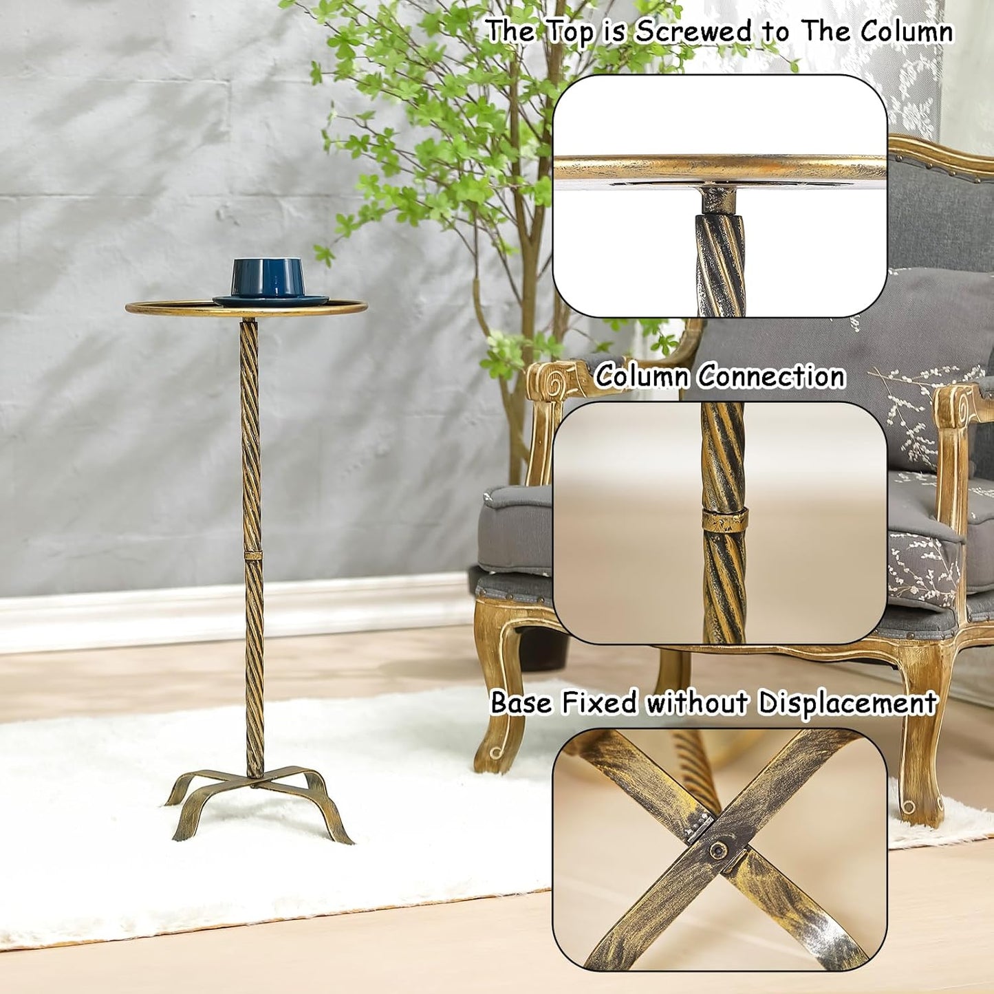 Metal Martini Table, 27.75" Antique Gold Side Table with 4 Legs, Modern Small Round Drink Table for Small Spaces Livng Room Sofa Couch Patio