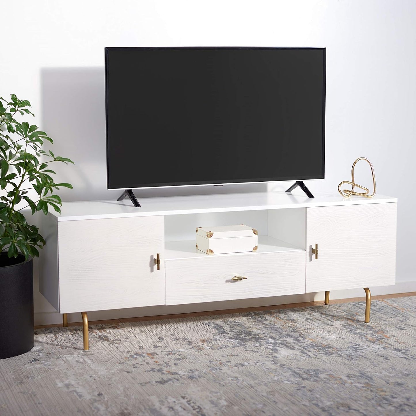 SAFAVIEH Genevieve TV Stand for up to 65" Flatscreen – White & White Washed Finish, Mid-Century Modern Storage Cabinet, Entertainment Media Console (MED5000C)