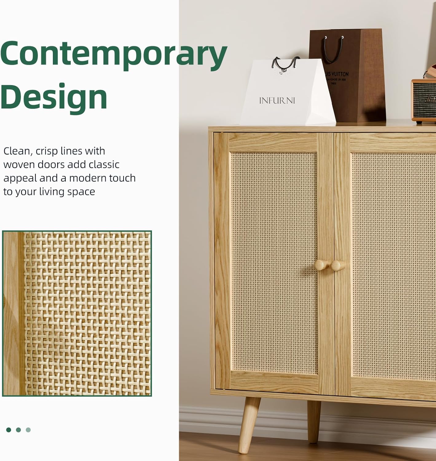 Set of 2 Rattan Sideboard Buffet Cabinets, Stylish Accent Cabinets with Adjustable Shelves & Doors, Ideal for Kitchen & Entryway Storage, Wood Oak