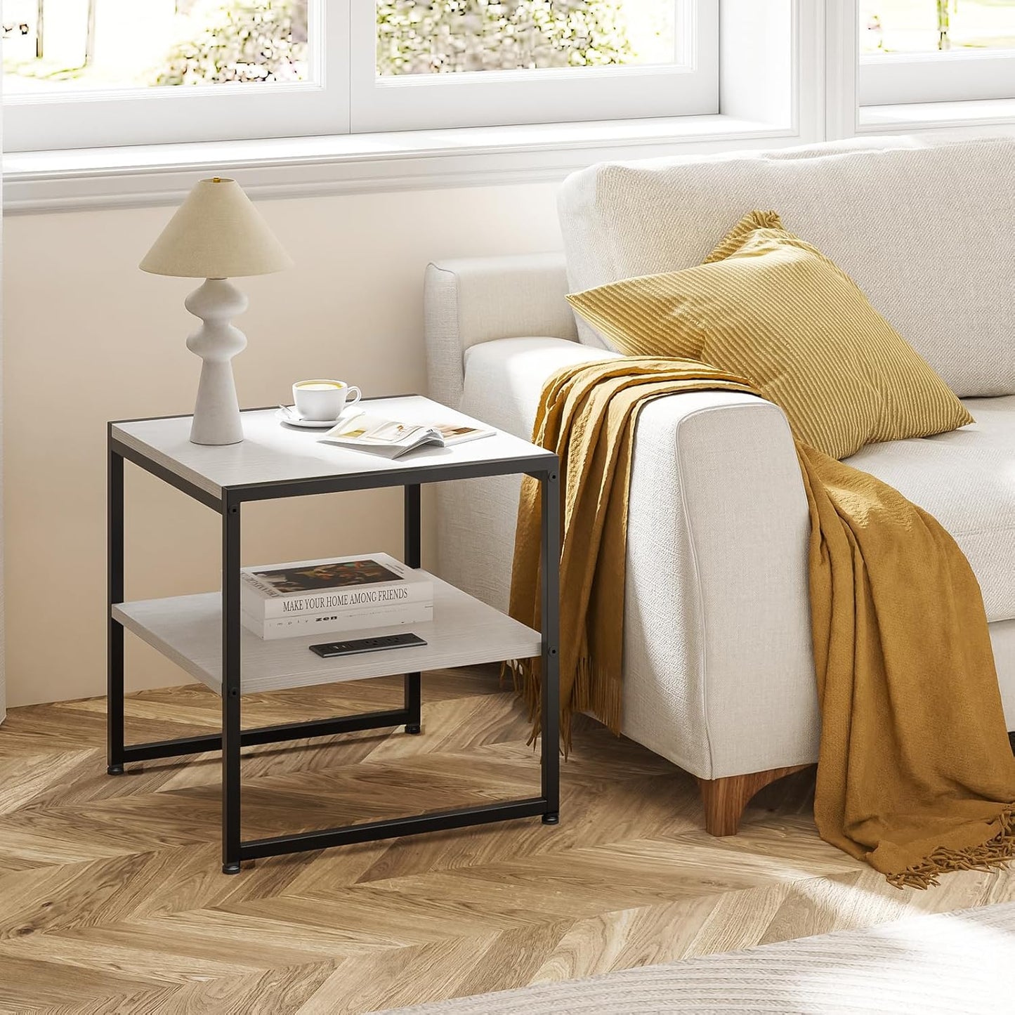 Tatub 20" End Table with Charging Station, Industrial Square Side Table with USB Ports & Outlets, Versatile 2-Tier Small Nightstand for Bedroom Living Room, White