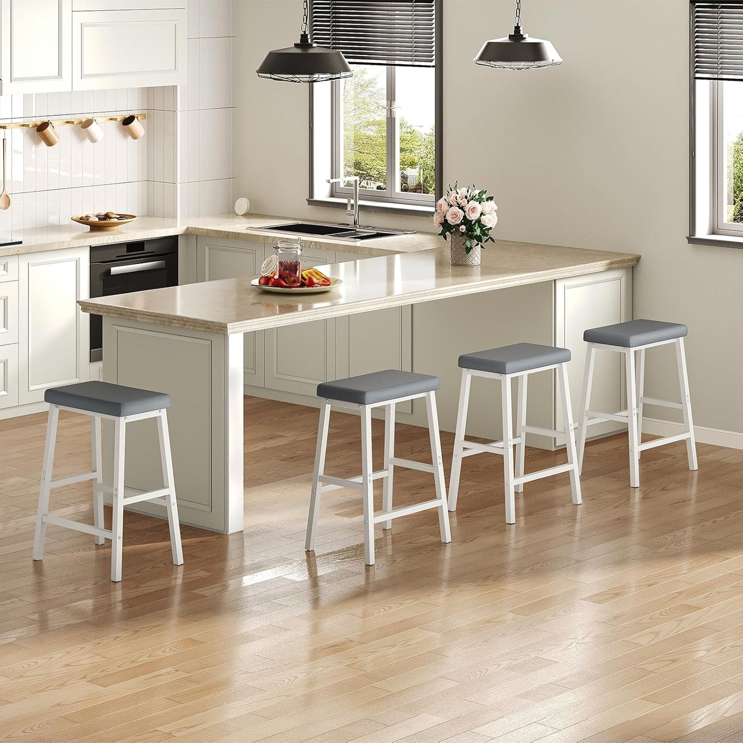 HOOBRO Bar Stools, Set of 2 Bar Chairs, PU Leather Upholstered Breakfast Stools, Easy Assembly, Suitable for Kitchen, Bar, Dining Room, White and Gray WG01MD01