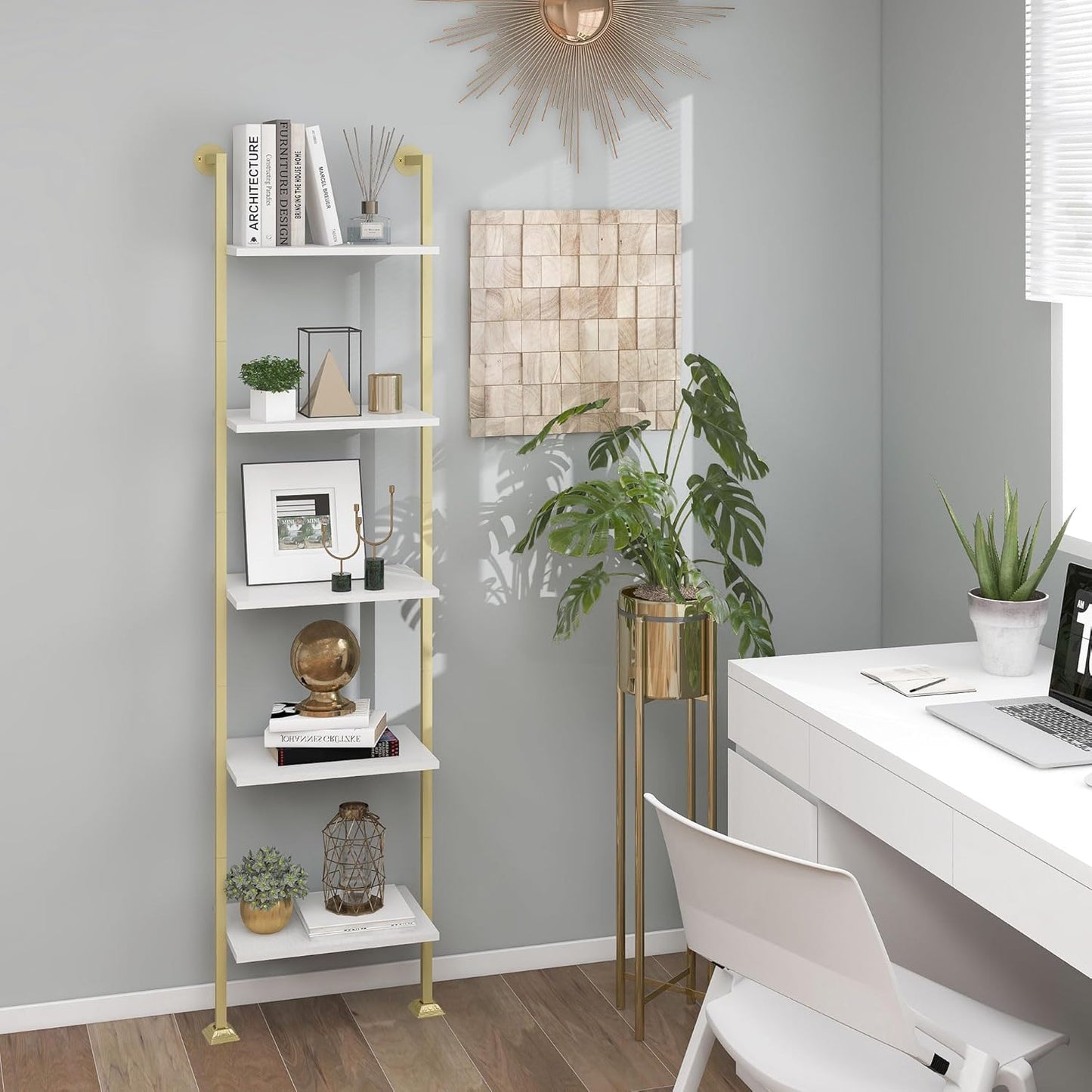 Axeman 5-Tier Ladder Bookcase, Tall Narrow Bookshelf for Small Spaces, Modern Book Storage Organizer Case Open Shelves for Living Room, Bedroom，Office, Library, Gold and White