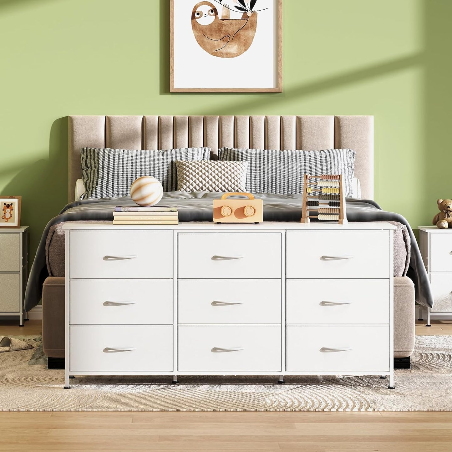 WLIVE 54''W Dresser for Bedroom, White Dresser TV Stand for 55, 60, 65 inch TV, Wide Chest of Drawers with 9 Drawer, Large Entertainment Center, Fabric Dressers with Wood Top for Closet, Living Room