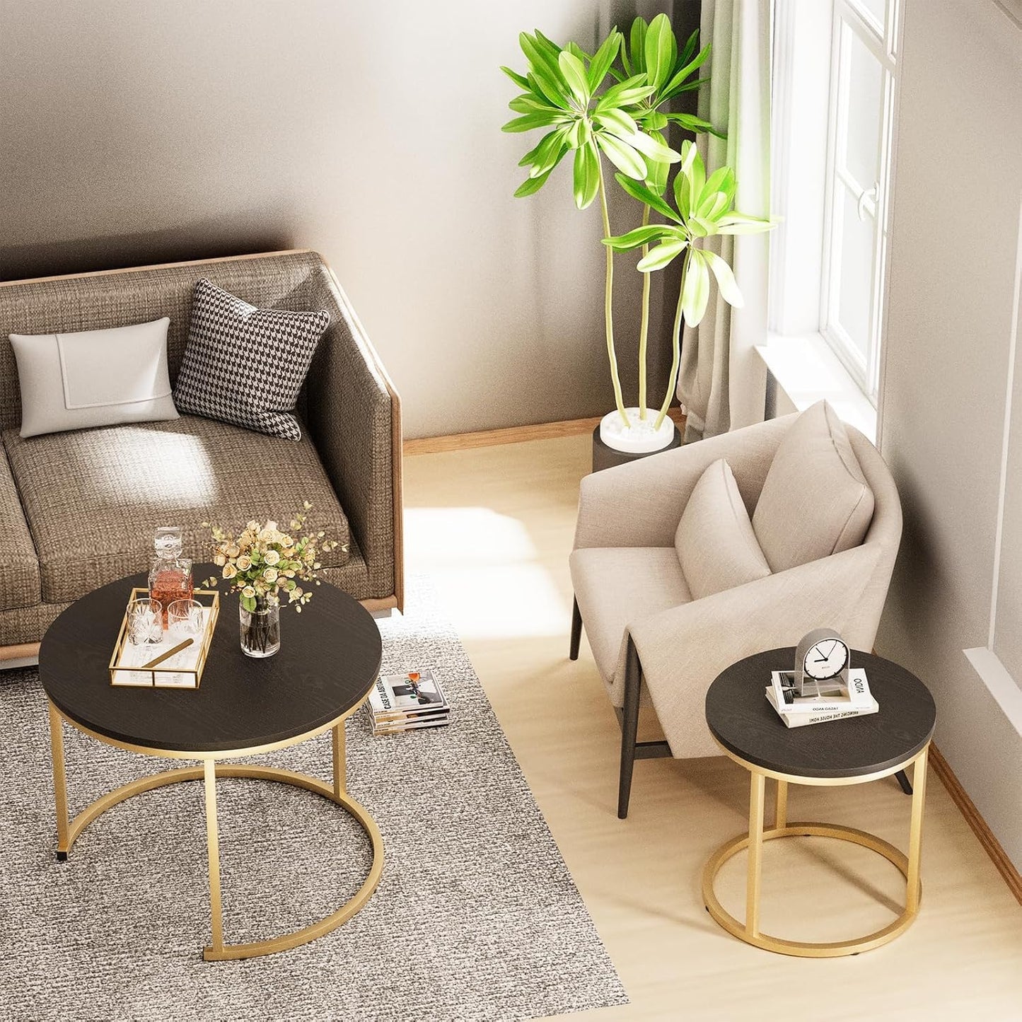 Garden 4 you Nesting Coffee Table, 23.6" Round Coffee Table Set of 2, Wooden Nesting Table Set with Metal Frame, Side Tables for Living Room Bedroom Balcony, Black