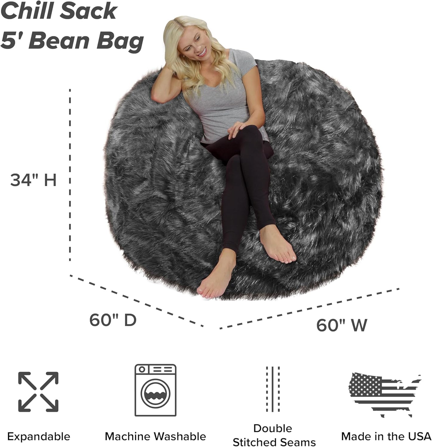 Chill Sack Bean Bag Chair - 5' Giant Memory Foam Lounge Chair with Soft Microfiber Cover – Cozy Furniture for Living Room, Dorm, & Kids' Rooms – Comfortable 5 Ft, Faux Long Fur Lounge Sofa, Gray