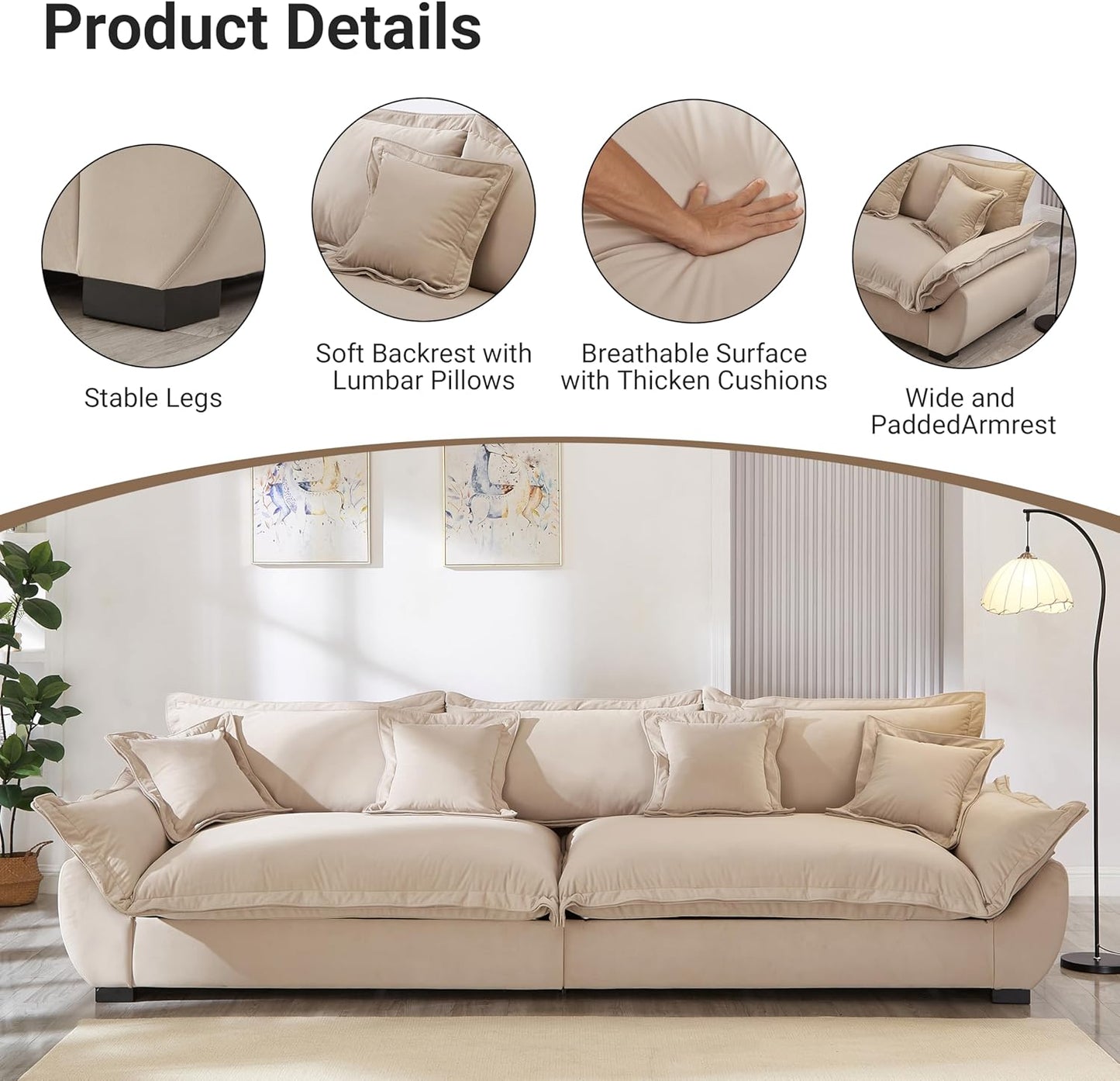 126 Inch Sailing Design Modular Sectional Cloud Sofa with Storage, Modern Deep Seat Couch w/Throw Pillows & Removable Backrest for Living Room Bedroom Apartment,Light Khaki