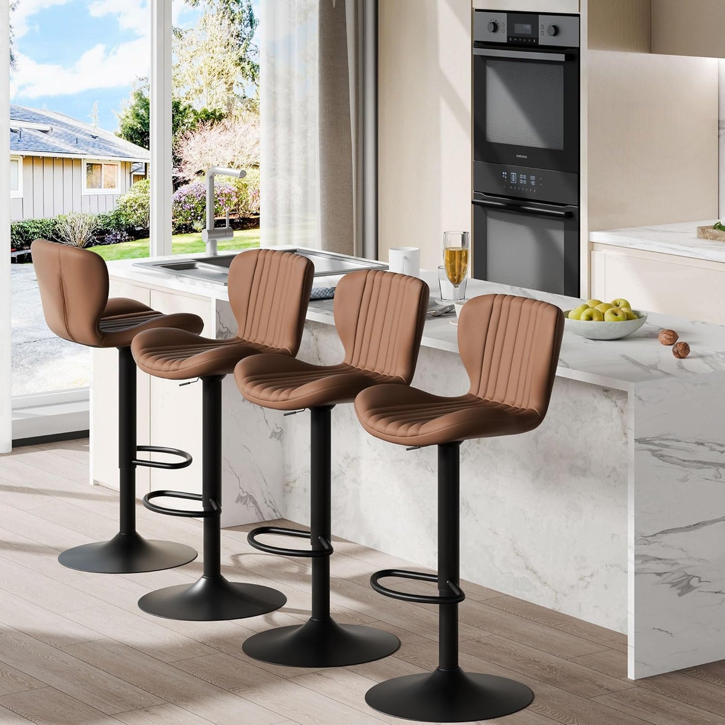 Shintenchi Bar Stools Set of 4 Modern Swivel Bar Chairs, Counter Height Faux Leather Metal Barstools, Upholstered Island Chairs with Back and Footrest, Coffee