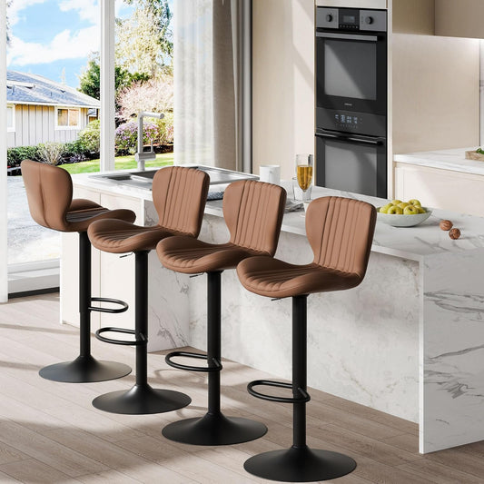 Shintenchi Bar Stools Set of 4 Modern Swivel Bar Chairs, Counter Height Faux Leather Metal Barstools, Upholstered Island Chairs with Back and Footrest, Coffee