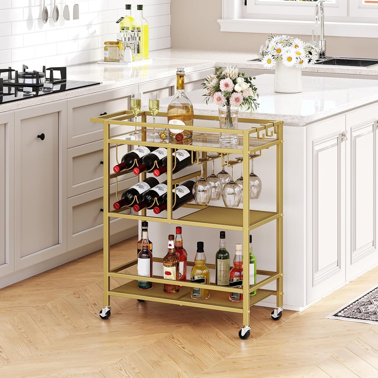 Bar Cart for Home, 3-Tier Serving Cart with Wheels and Handle, Beverage Cart with Wine Rack and Glass Holders, Rolling Wine Cart for Kitchen, Dining Room, Gold RCJ61B01