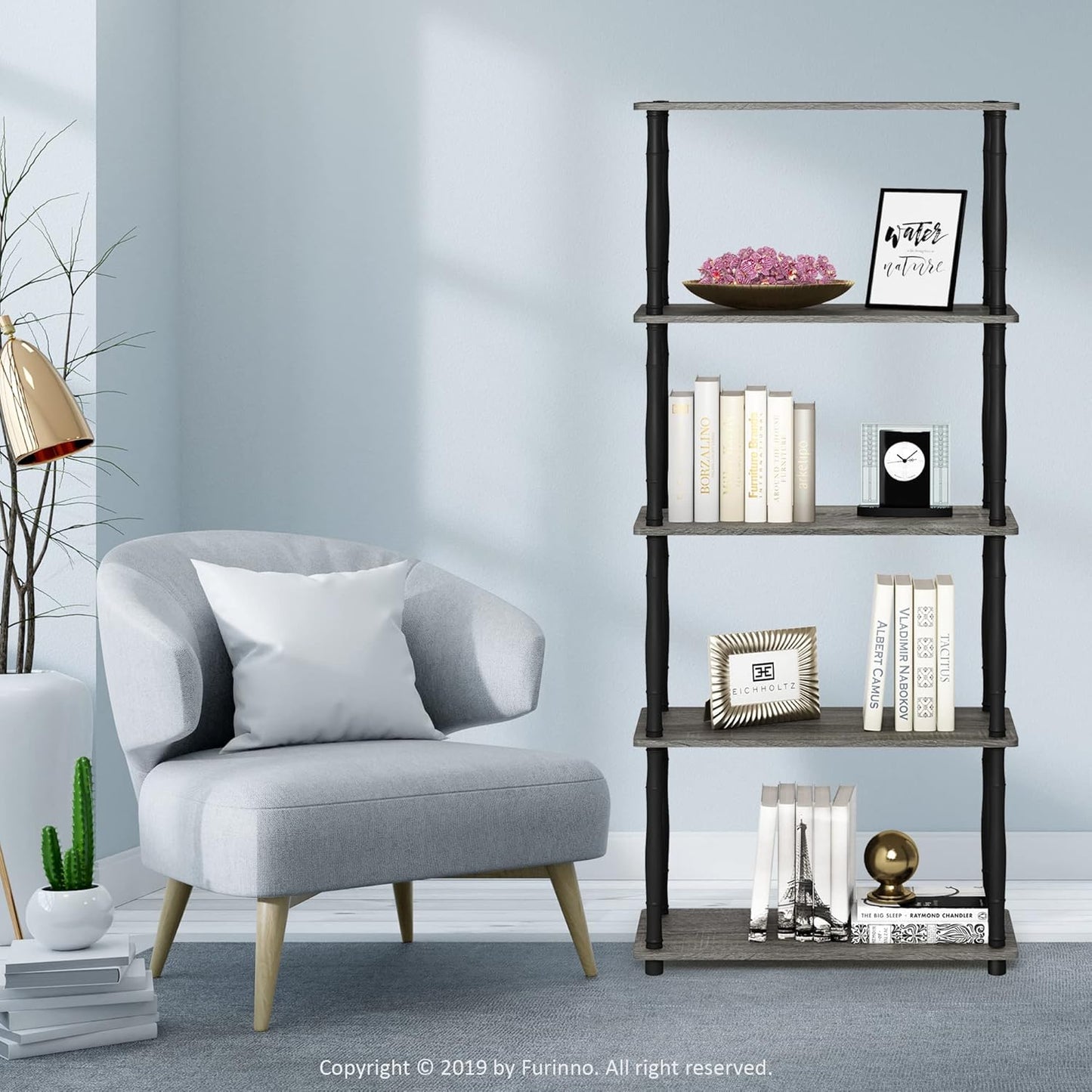 Furinno Turn-N-Tube 5-Tier Multipurpose Shelf Display Rack with Classic Tubes, French Oak Grey/Black