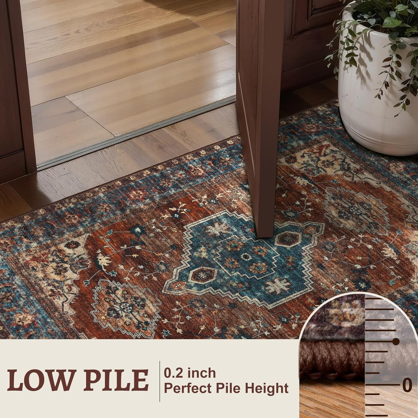 Tangsoo 2x6 Washable Runner Rug for Hallways, Non Slip Vintage Runner Rug, Soft Low Pile Long Rug Runner, Print Distressed Carpet Runners for Kitchen Bedroom Entryway Bathroom Living Room Rust