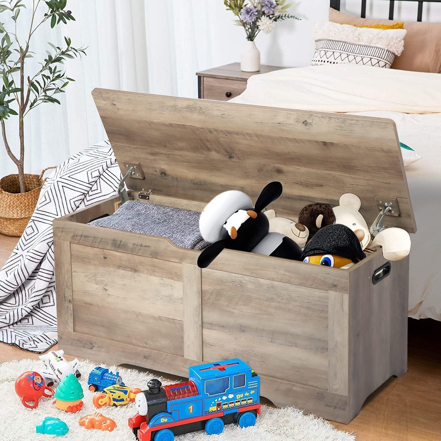 39.4" Storage Chest, Wooden Storage Bench, Lift Top Toy Chest with 2 Safety Hinges, Large Toy Box, Entryway Bench for Living Room, Bedroom, Grey