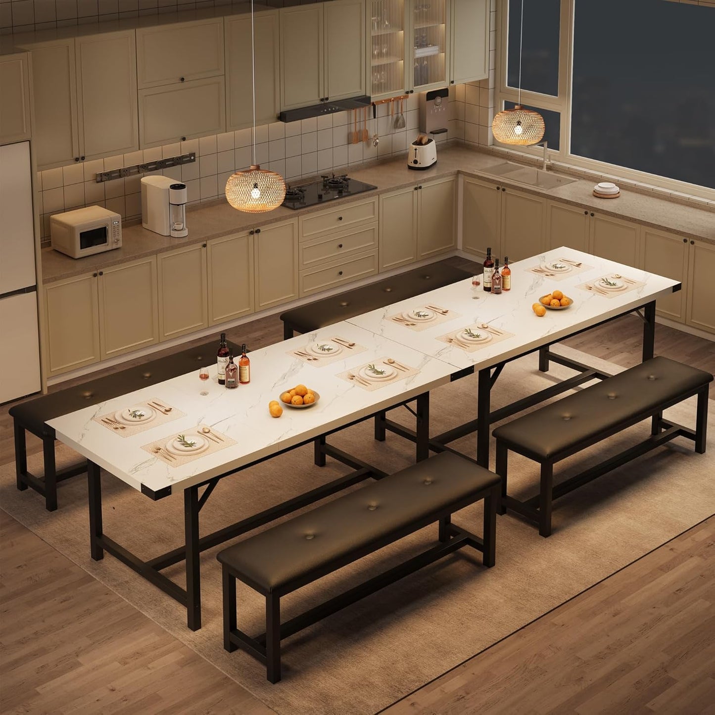 3-Piece Dining Table Set for 4-6 People, Extendable Kitchen Table Set with 2 Upholstered Benches, Dining Room Table Set for Apartment, Kitchen, Living Room, Marble White