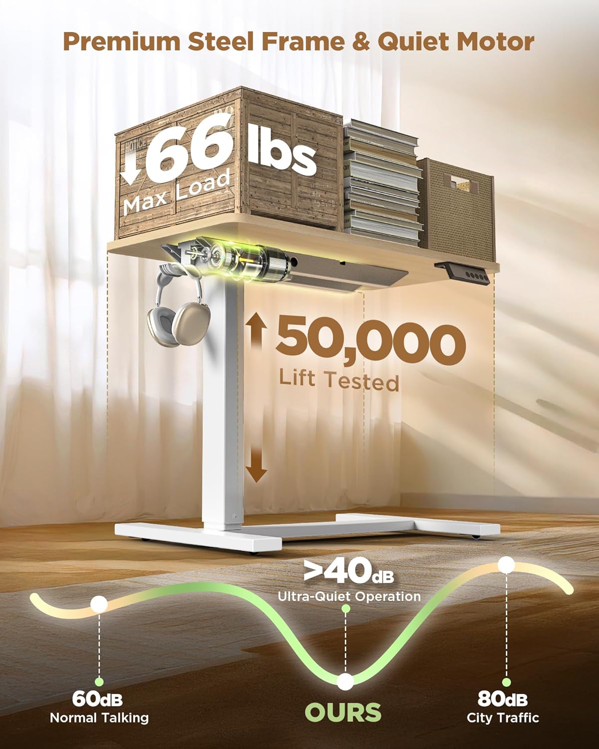 Electric Adjustable Height Standing Desk - Small Sit Stand Portable Rolling Laptop Table with Hidden Wheels, Small Computer Workstation for Bedside & Home Office Use (24"x16", Oak)