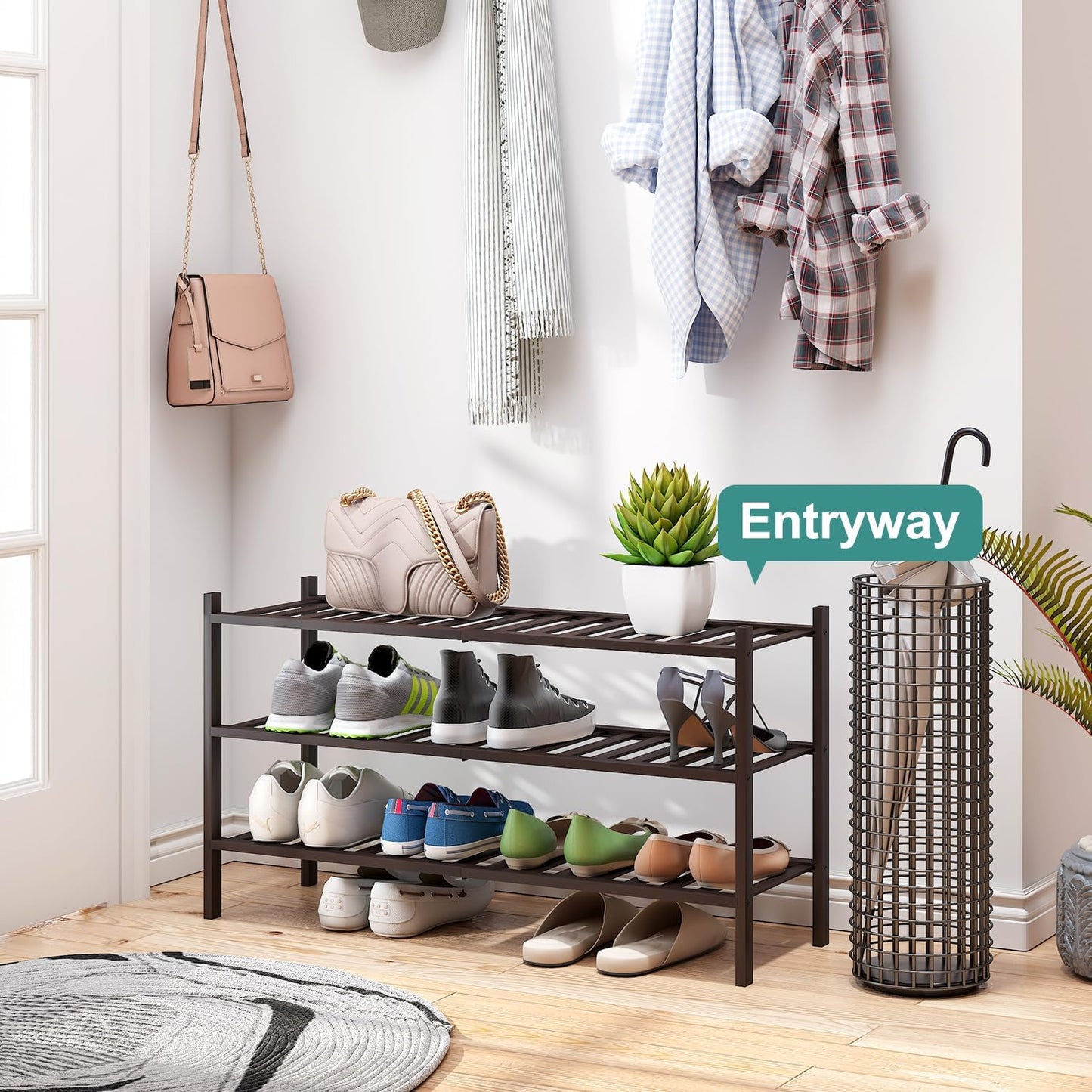 Long Shoe Rack, Bamboo Wood Shoe Rack for Closet, Entryway & Hallway, 3-Tier Stackable Shoe Shelf