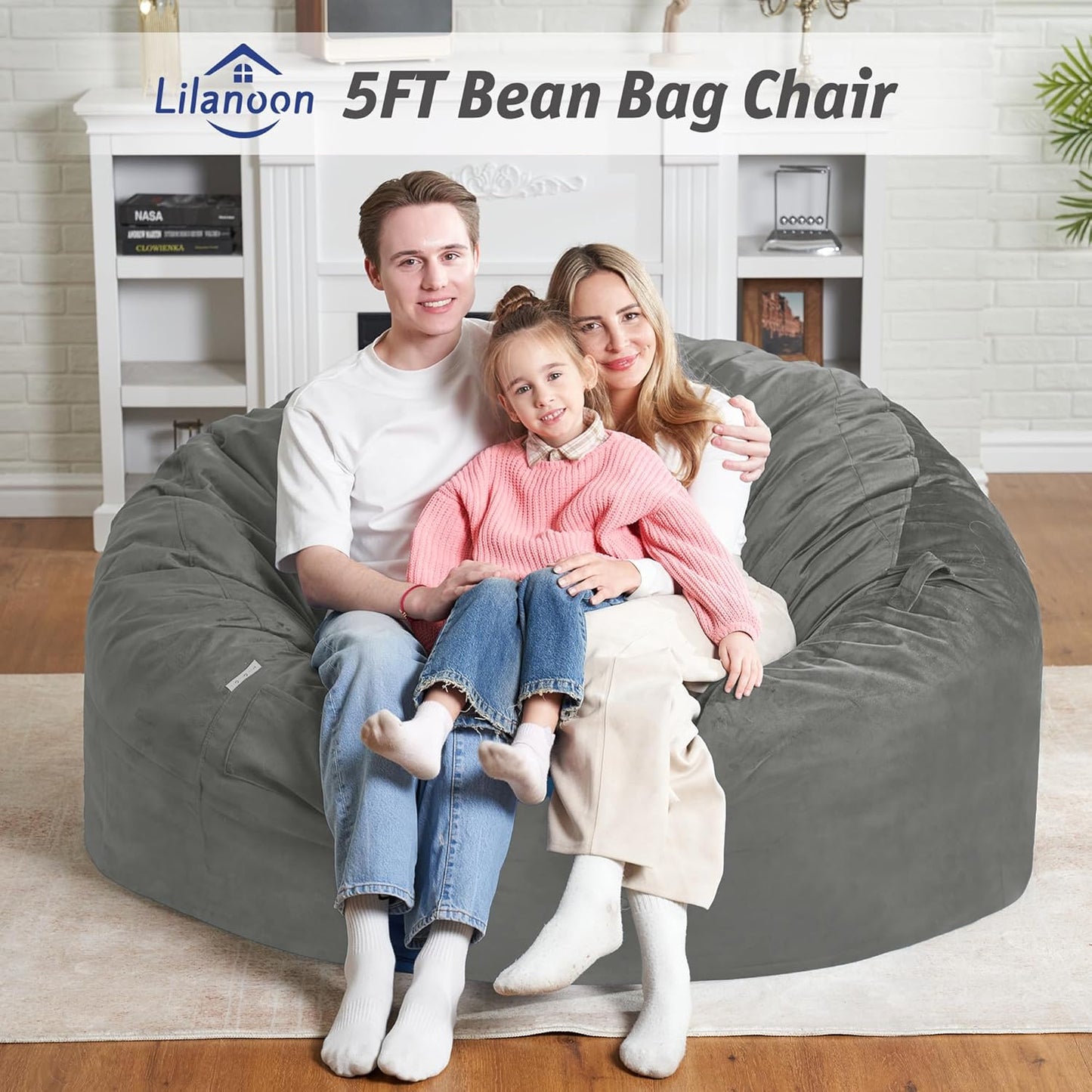 5FT Bean Bag Chair with Ultra Soft Velvet Cover Bean Bag Sofa with Memory Foam Bean Bag Chairs with Large Size Lazy Sofa for Dorm Office Living Room Bedroom Light Grey 5'