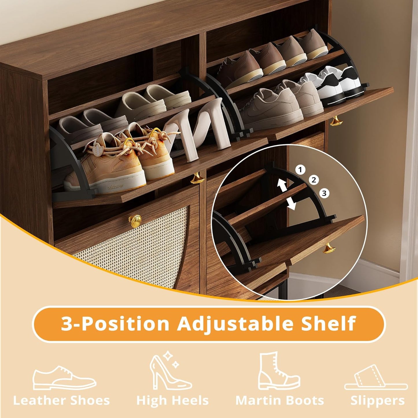 IRONCK Rattan Shoe Cabinet Storage with 4 Flip Drawers, Freestanding Shoe Storage Organizer Cabinet for Entryway, Narrow Shoe Rack Cabinet, Walnut