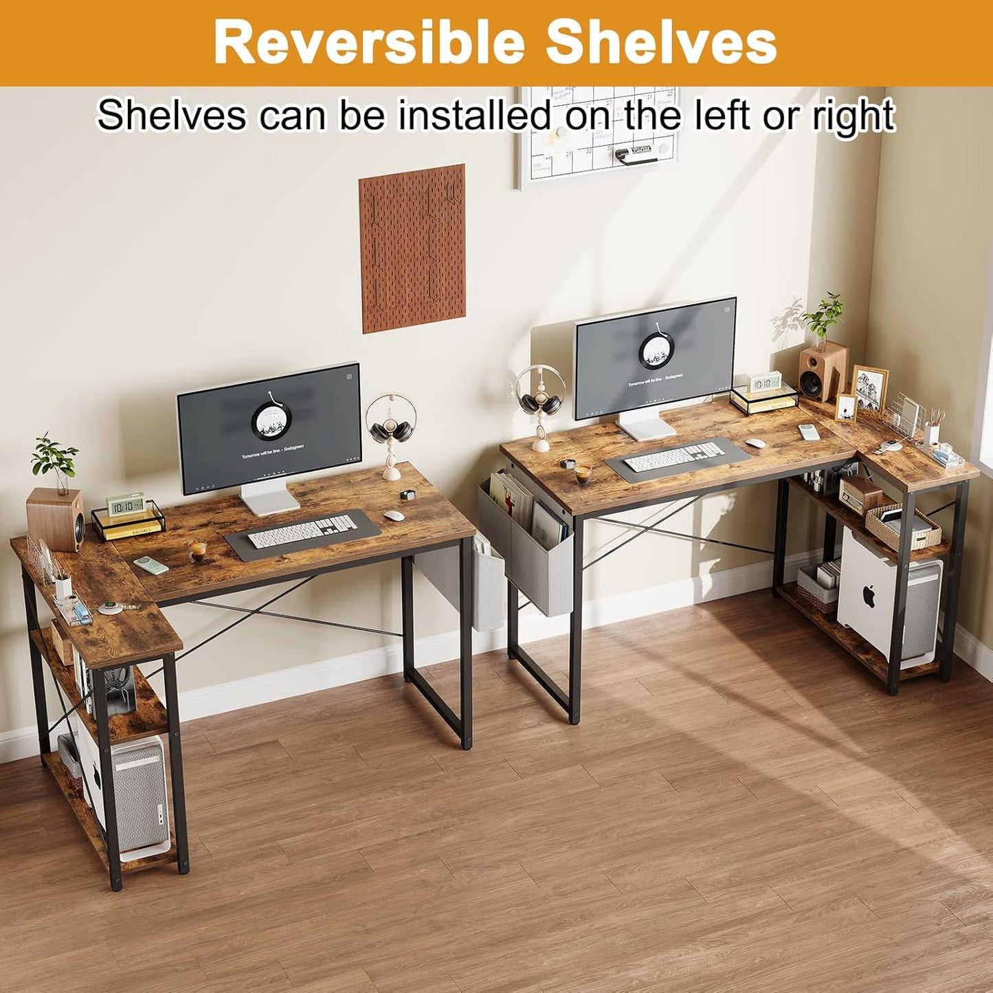 L Shaped Computer Desk with Reversible Shelves, 40 Inch Small Corner Desk with Storage Bag, Gaming Desk Computer Table Study Writing Desk for Home Office Small Space, Rustic Brown
