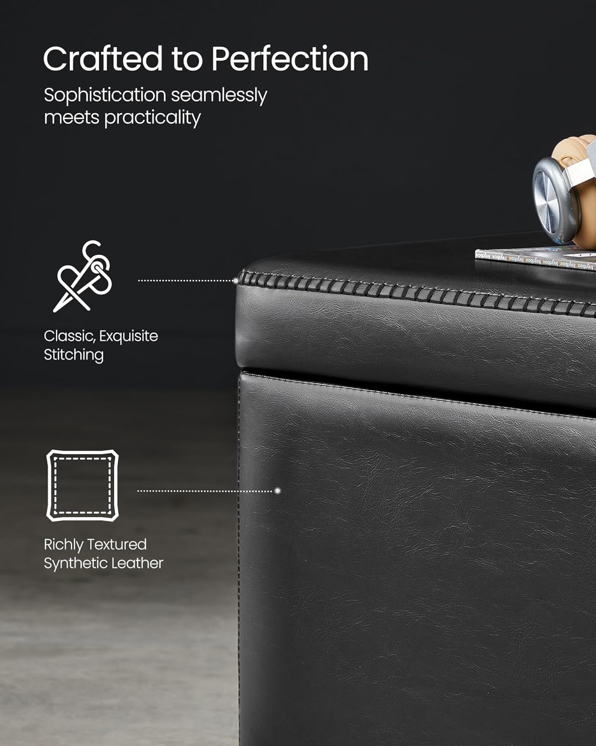 VASAGLE EKHO Collection - Storage Ottoman Bench, Entryway Bedroom Bench, 25 Gallons, Synthetic Leather with Stitching, Mid-Century Modern, Safety Hinges, Loads 660 lb, Ink Black ULOM075B01