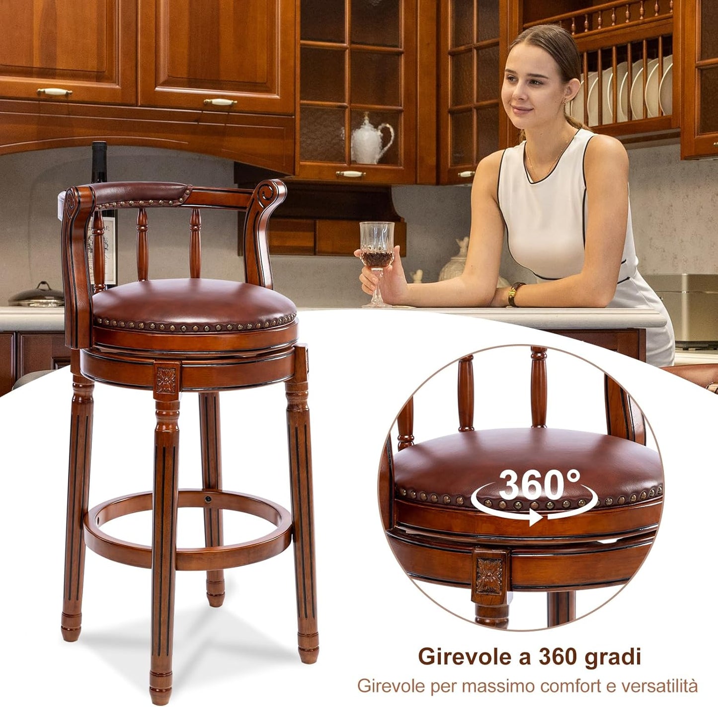 Cow top Leather Wooden Bar Stools, 360 Degree Swivel Bar Height Chair with Backs for Home Kitchen Counter, Morden Chair Barstools (Brown 1pc, Bar Height-Seat Height 29.5”)