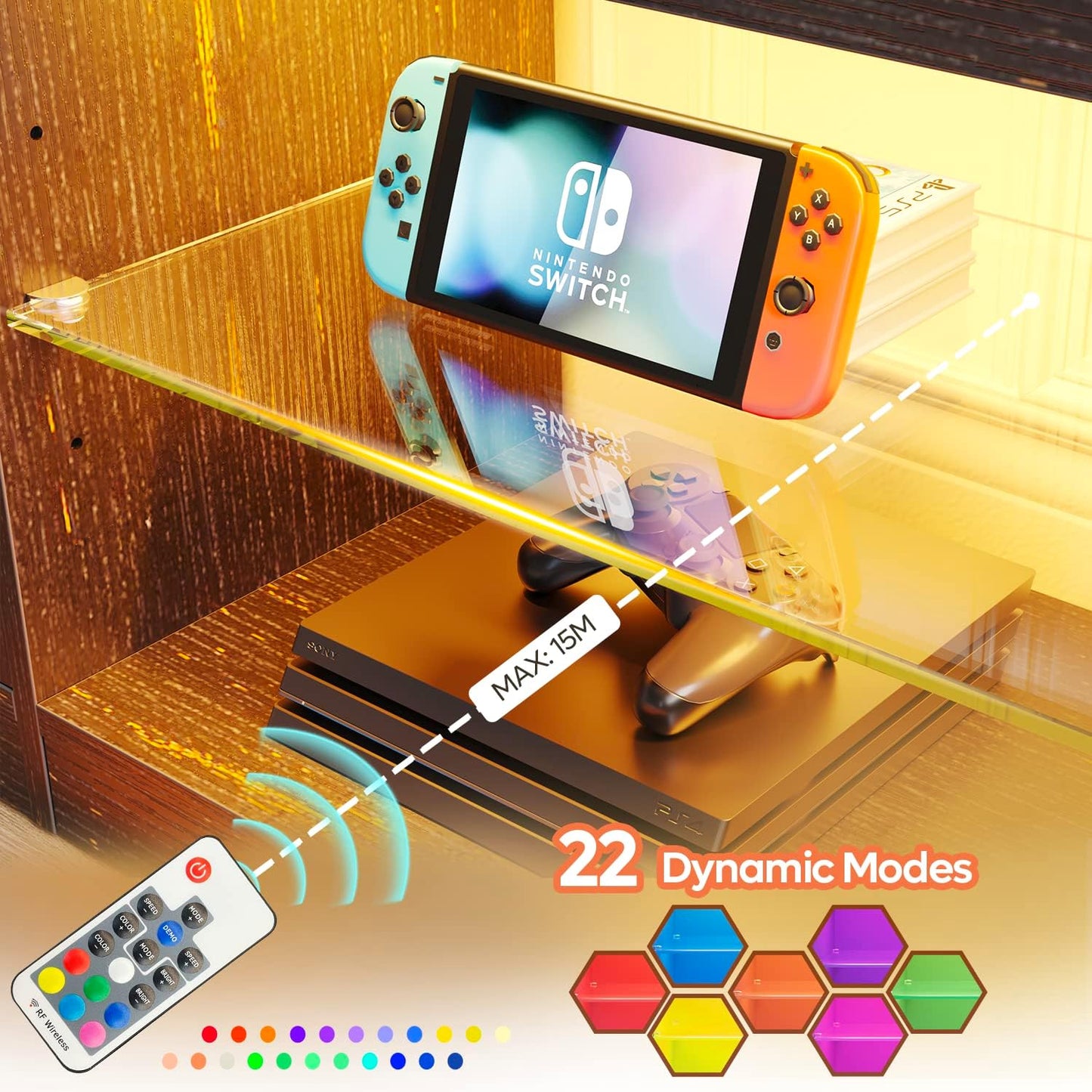 Bestier 70 Inch Led TV Stand for 75 Inch TV Large Entertainment Center Gaming with Adjustable Glass Shelves Two Cabinets Modern TV Console for Living Room 22 RGB Modes, Golden Black