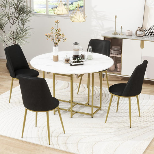 Merax 47.2” Round Dining Table Set for 4, Foldable Kitchen Dining Table with 11.8” Drop Leaves, Faux Marble Top with Golden Frame, 4 Upholstered Chairs (White+Black)