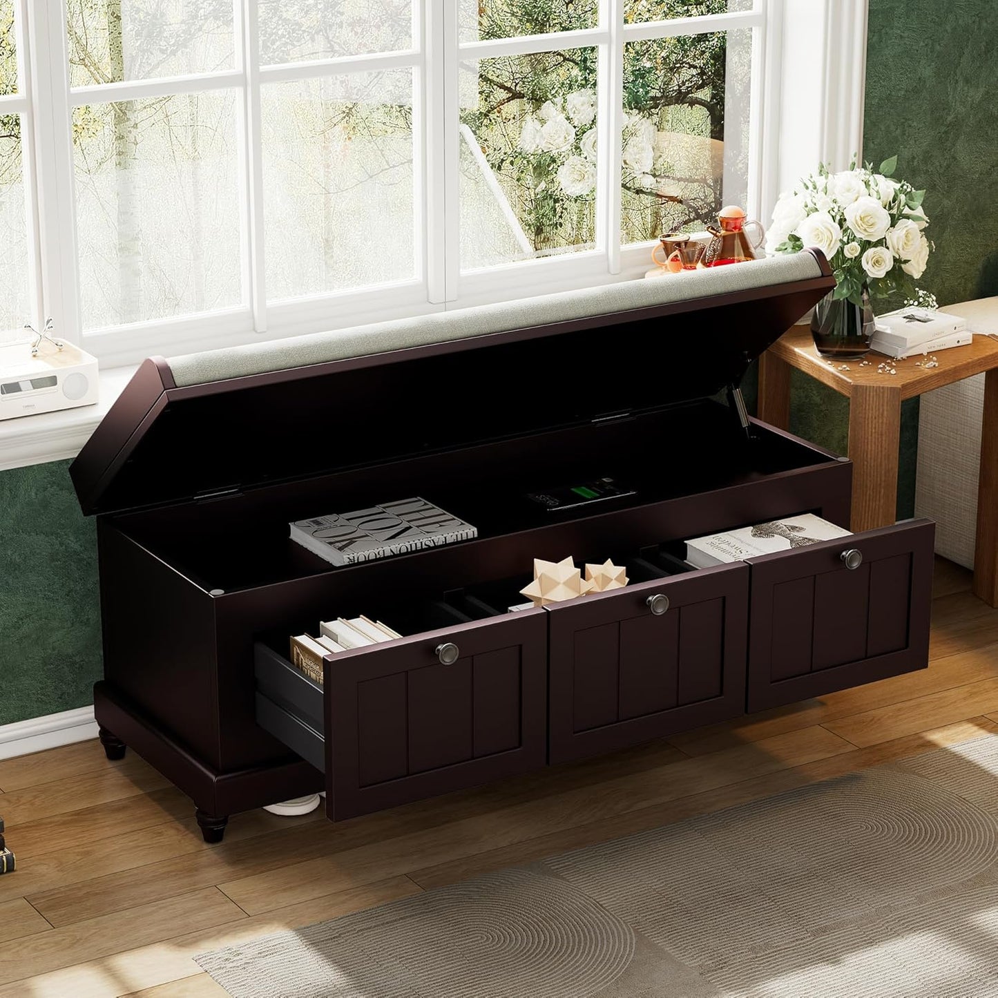 Merax Classic Storage Bench with Cushioned Seat and Three Drawers for Entryway & Living Room & Bedroom, Espresso