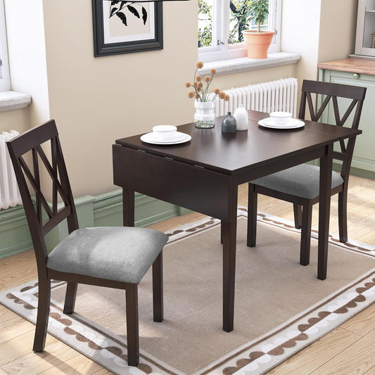 Merax Farmhouse Wooden Dining Set of 3, 45.6 inch Extendable Kitchen Table with Drop Leaf, 2 Chairs with Backrest for Small Space, Easy Assemble Espresso
