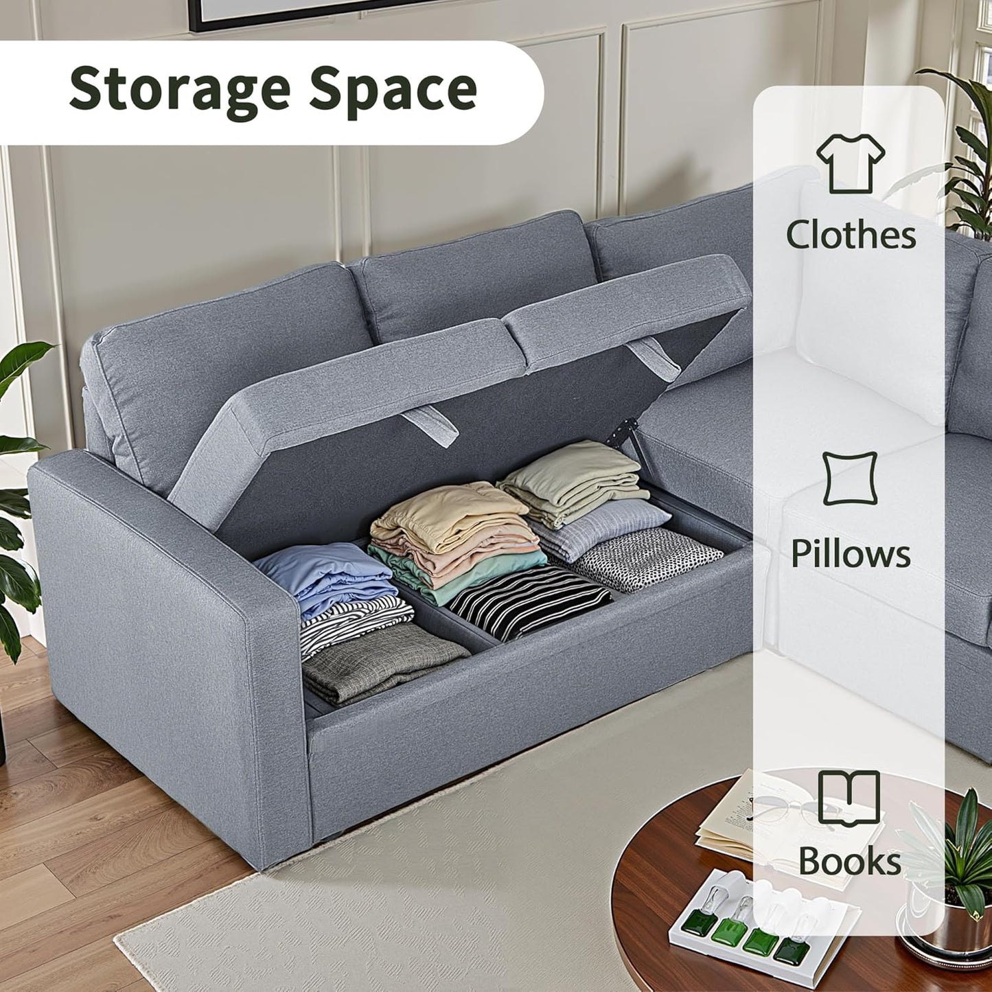 83" Pull Out Sleeper Couch with Storage Chaise, Couch, Sofa Bed, Convertible L Shaped Sofa for Living Room, Apartment, Grey