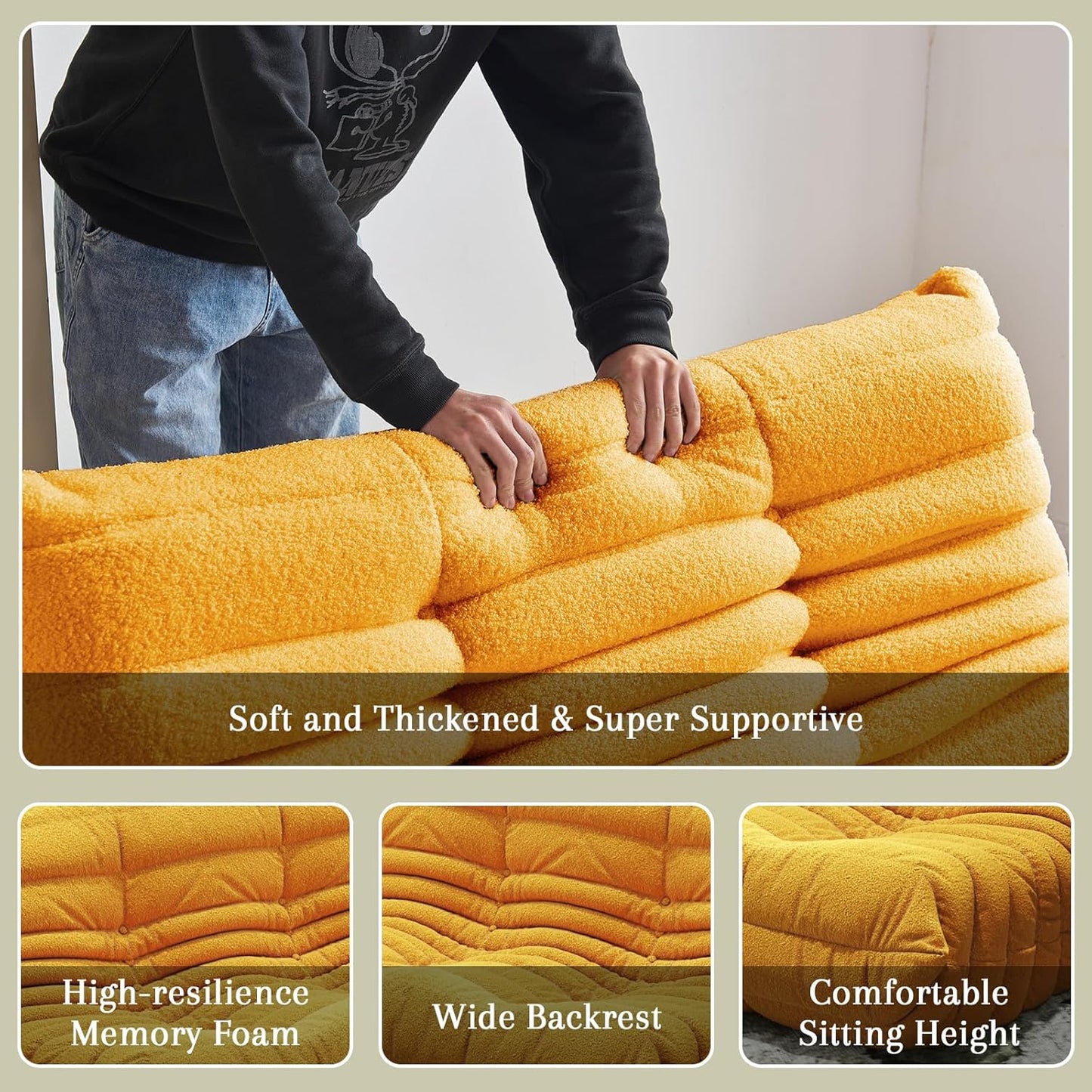 Bean Bag Chairs for Adults, BeanBag Reading Chair Memory Foam Couch 3-Seater, Floor Chair Soft Teddy Material, Comfy Reading Nook Chairs for Bedroom Living Room Office (Yellow)